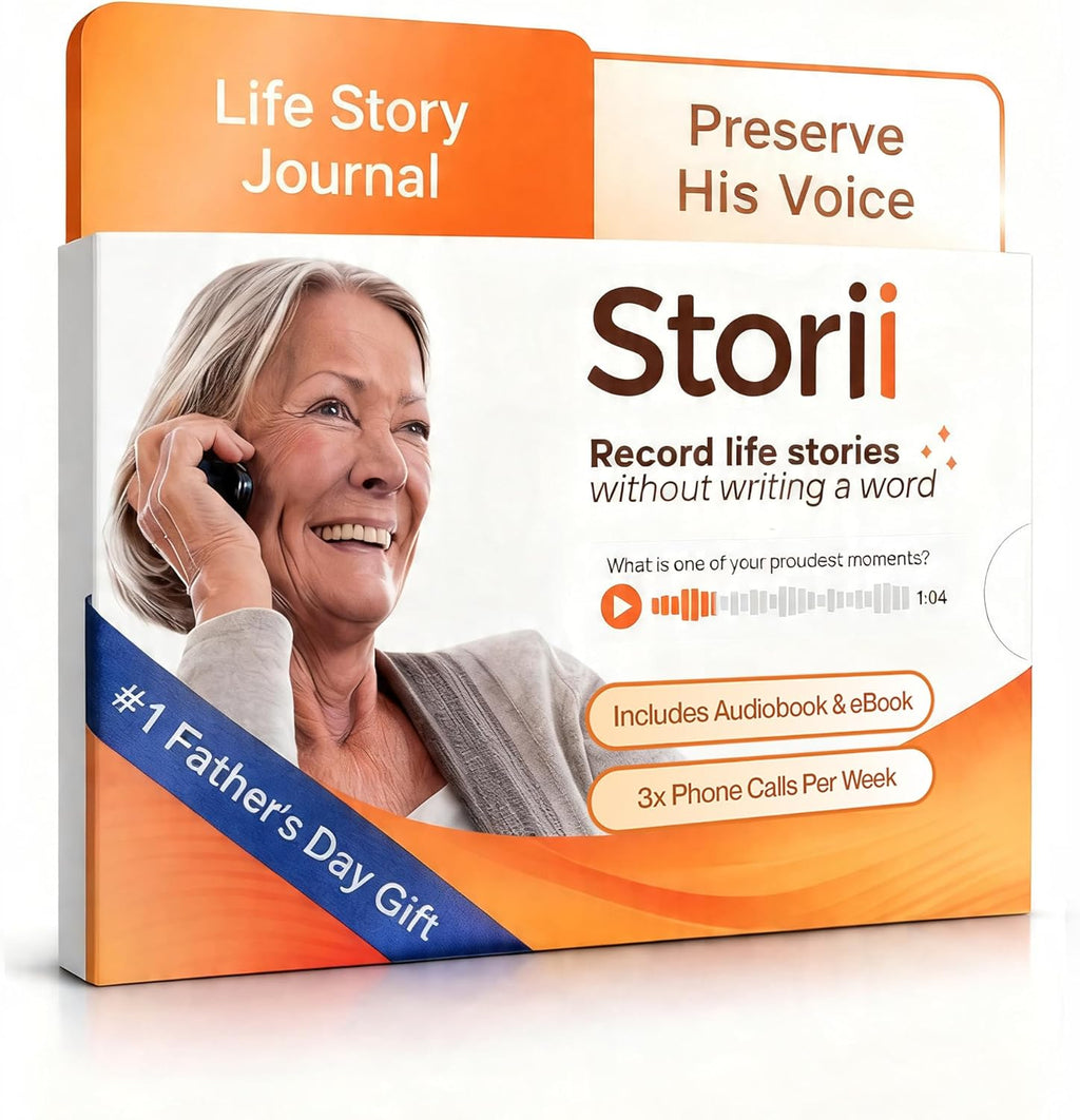 Storii - Record Your Life Story: Guided Voice Journal & Audio Memoir - A Unique Way to Share Your Story - 12 Months of Call Prompts & Automatic Transcription - Gift for Mom, Dad, Grandma & Grandpa