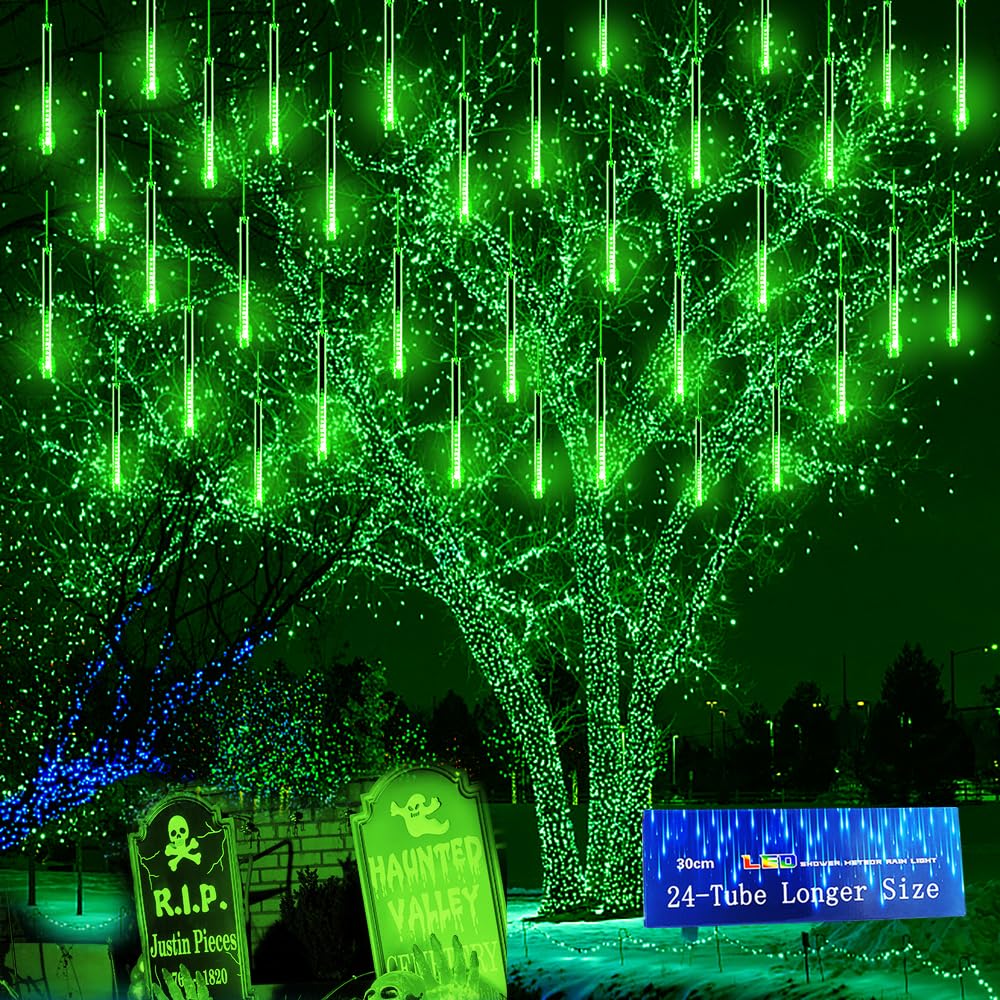 Kwaiffeo Outdoor Christmas Decorations, 24 Tubes(Equivalent to 3 Sets of 8-Tubes) LED Meteor Shower Lights for Xmas Halloween Decor Yard Lawn Outside Party, Outdoor Lighted Christmas-Themed Ornaments