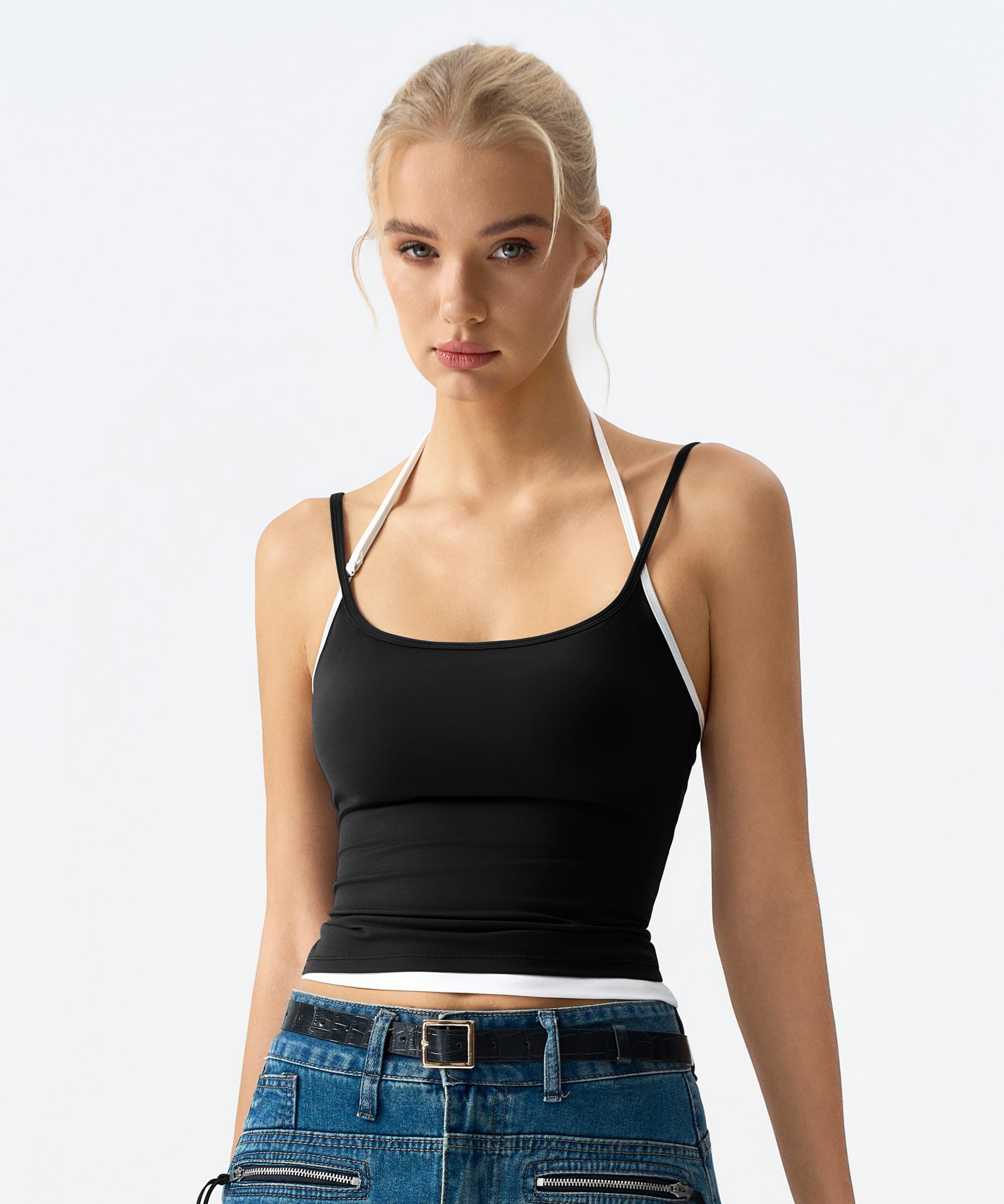 QINSEN Women's Spaghetti Strap Tank Top Slim Fitting Layered Halter Neck Sleeveless Crop Cami Shirt