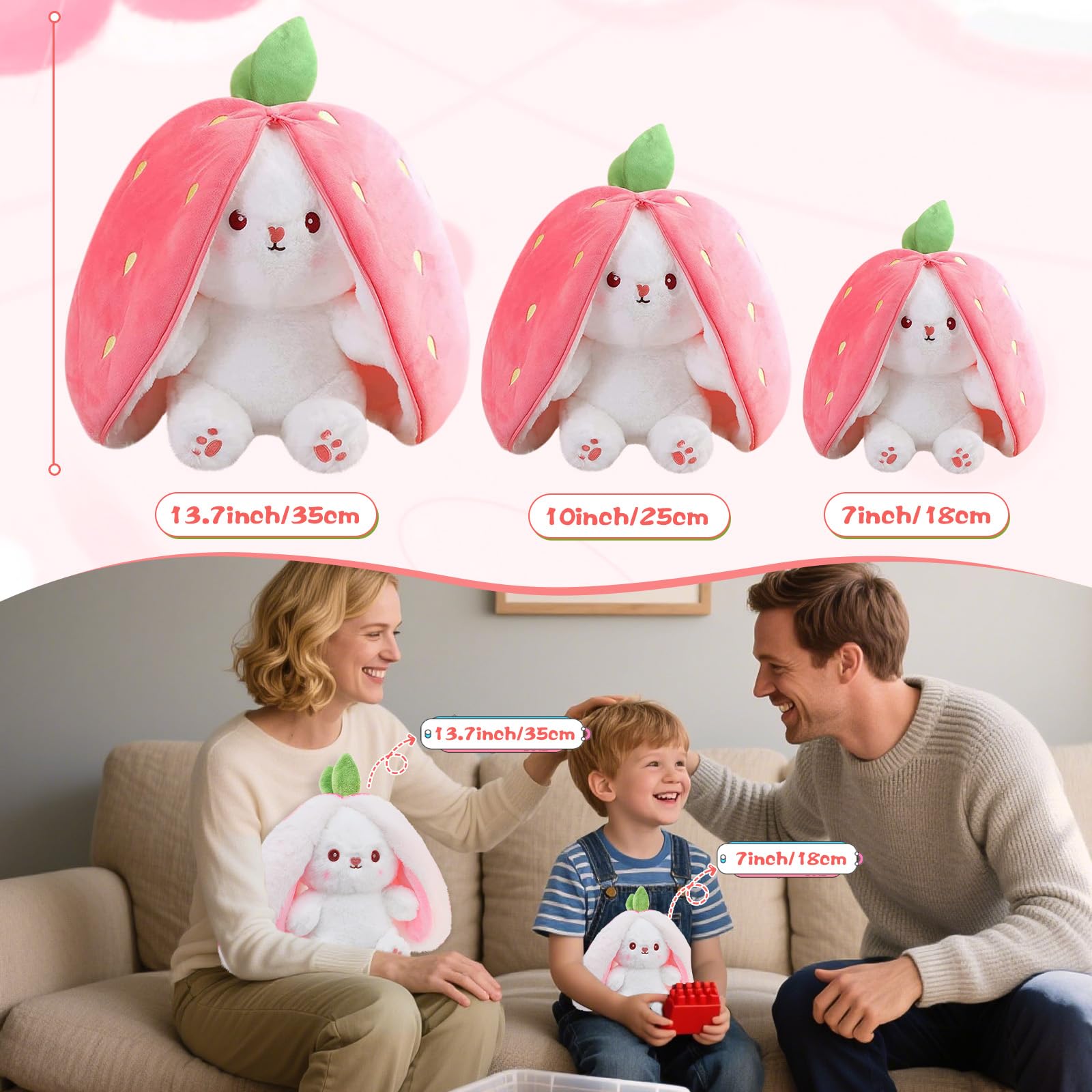 MIAODAM Bunny Stuffed Animal Reversible Cuddle Bunny Stuffed,Strawberry Bunny Transformed Rabbit Plush Zipper,Turns Into Ears Bunnies Plushies Toy Cute Stuffy Doll Easter