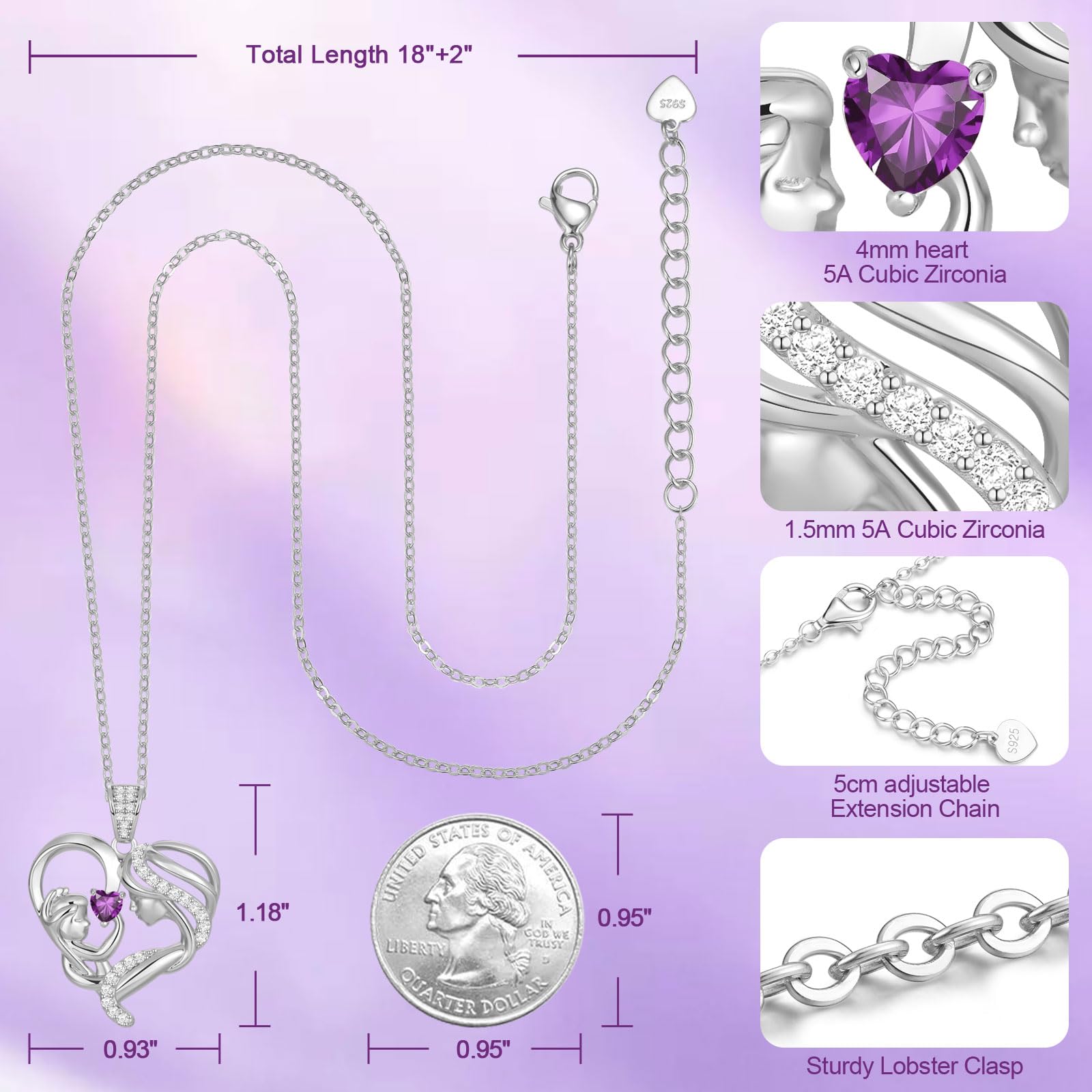 Mothers Day Gifts for Mom Wife Her Grandma, S925 Sterling Silver Birthstone Necklaces Jewelry for Women, Mother's Day Love Heart Pendant Necklace for Anniversary Birthday Christmas Day
