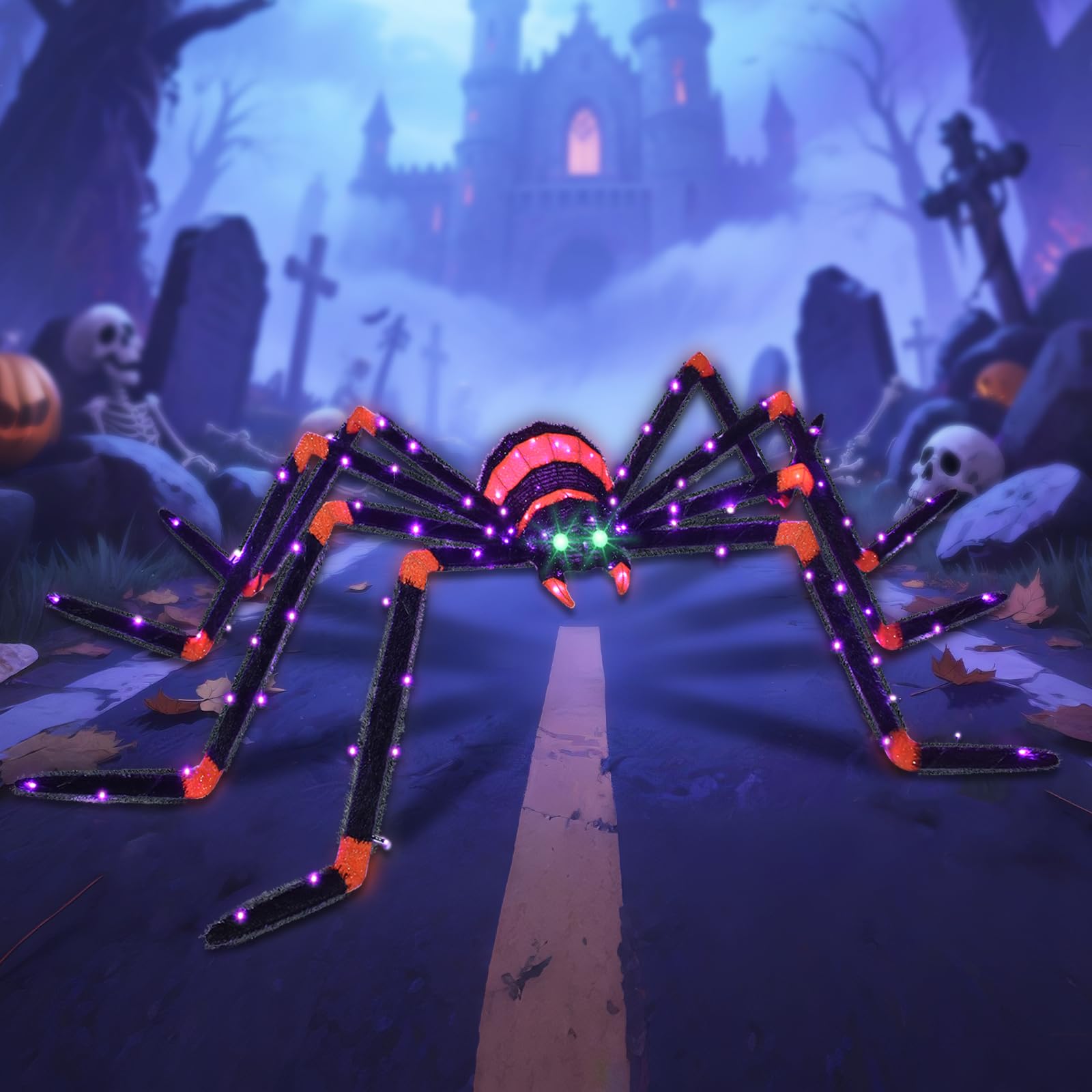 Halloween Decorations Outside Giant Spider - HOYECHI Outdoor Halloween Decor Lighted Spider 4.2FT, Light Up Spider with 90 LED Lights, Ground Stakes, for Front Yard Porch Gardens Lawns Party
