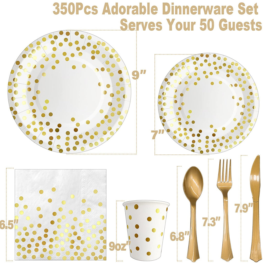 AIRE 175PCS White and Gold Party Supplies, Heavy Duty Disposable Dinnerware Set Serves 25, Paper Plates Plastic Forks Knives Spoons for Birthday,Graduation, Bridal Shower Decoration