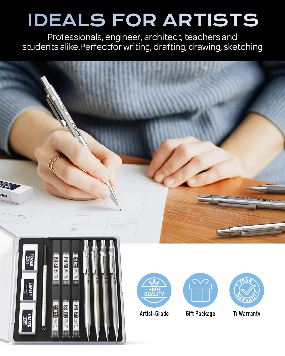 Nicpro 4 Pack Mechanical Pencil 0.7mm with Case, MB1000 Metal Mechanical Pencil Set with 6 Tube HB #2 Lead Refill 0.7 mm, 3PCS 4B Eraser, 9 Cap Eraser for Artist Drafting Writing, Sketching, Drawing