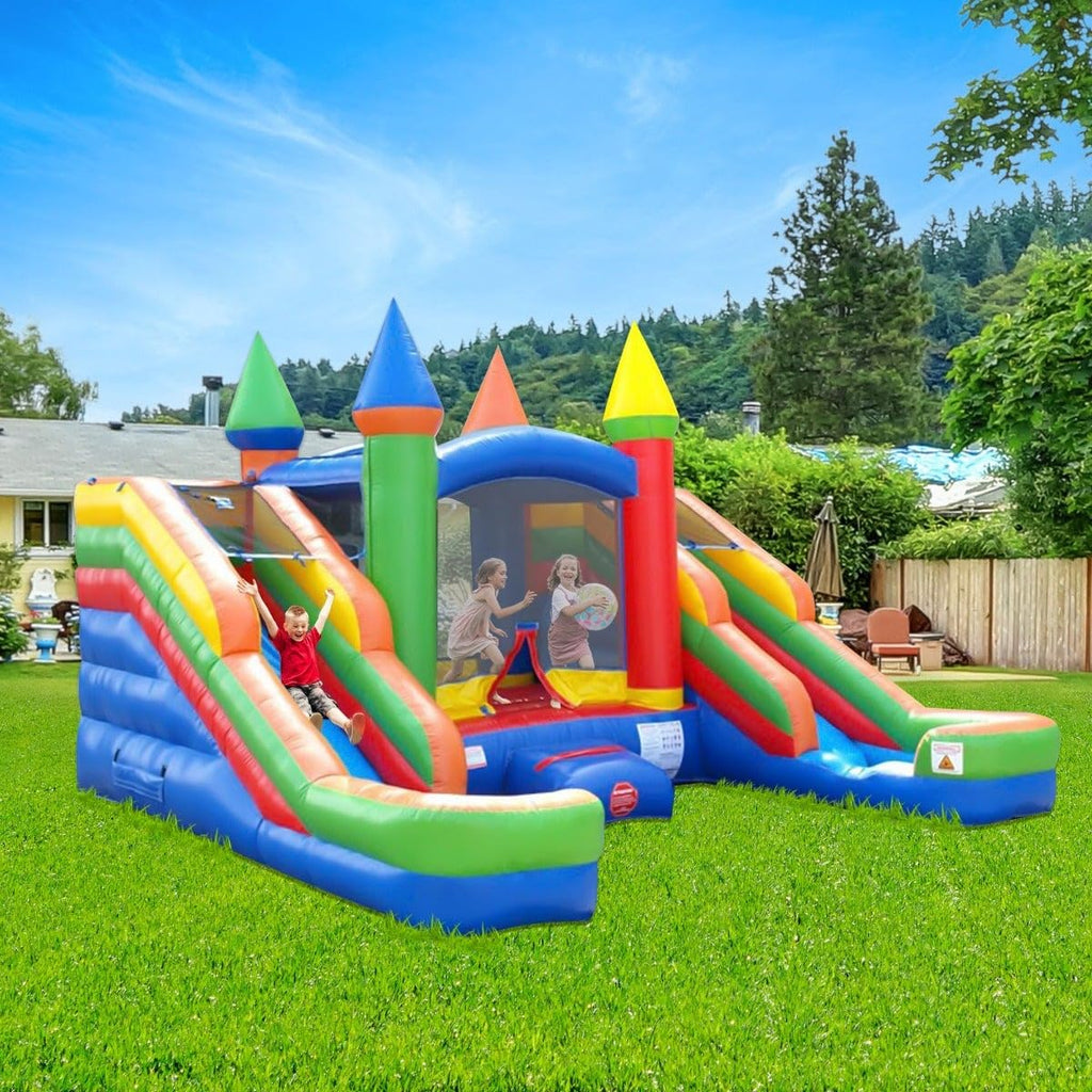 Crossover Tropical Double Water Slide Bounce House Combo, 16.5 x 15 x 11 Foot, PVC Vinyl Inflatable Bouncy House for Kids, Wet or Dry Slides, with Stakes, Storage Bag and 1 HP Blower