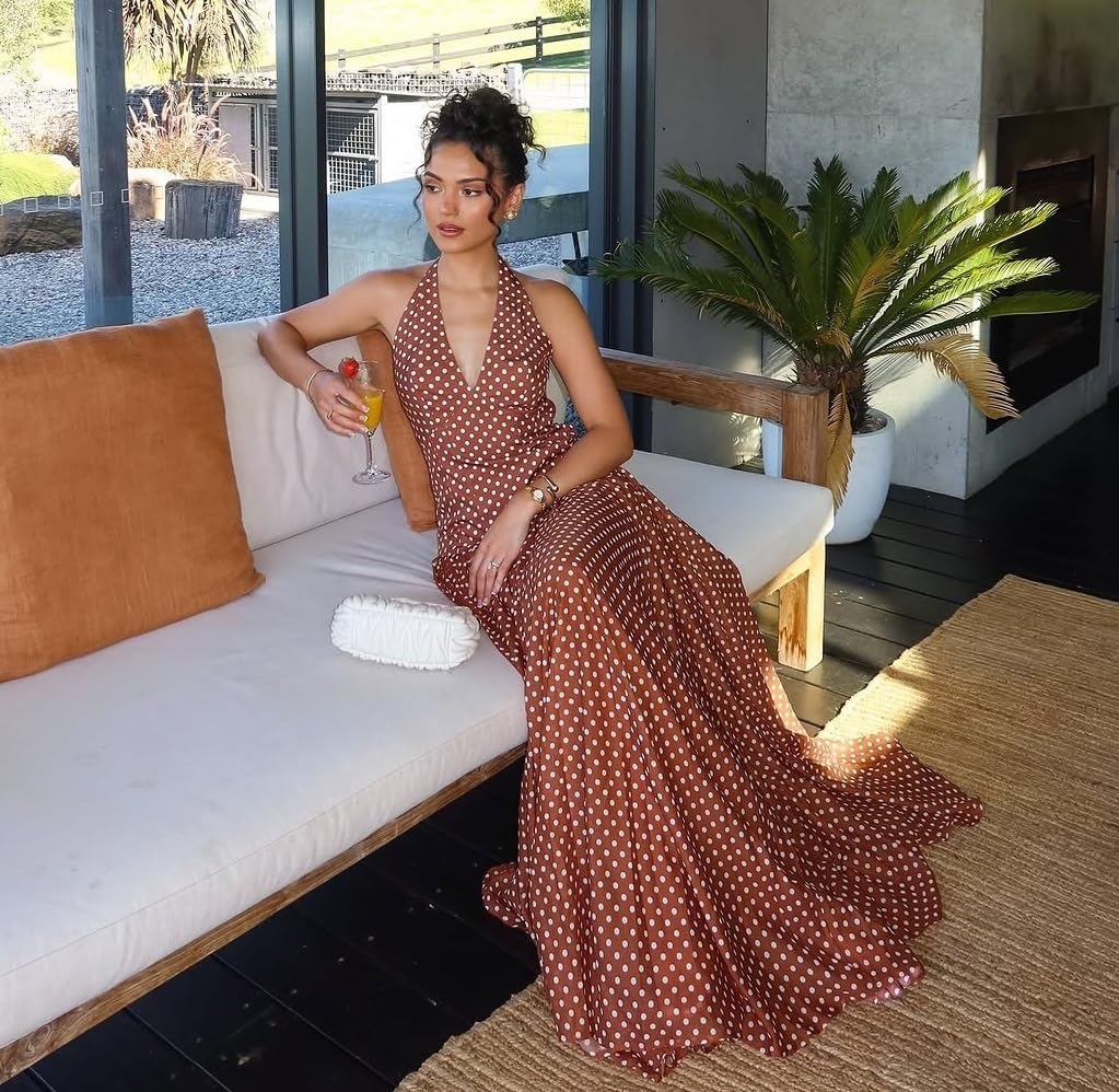 Women's Polka Dot Maxi Dress Halter Neck Sleeveless Drop Waist Flowy Summer Wedding Beach Sundress