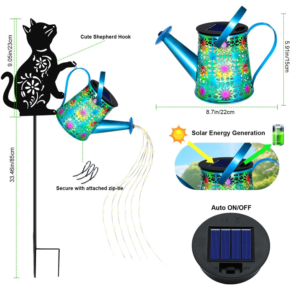 Solar Watering Can Lights, Cat Hanging Lantern Solar Lights Outdoor, Cat Lover Gifts for Mom Women Birthday Mother's Day Christmas, Waterproof Garden Decor Outside Patio Yard Pathway Backyard