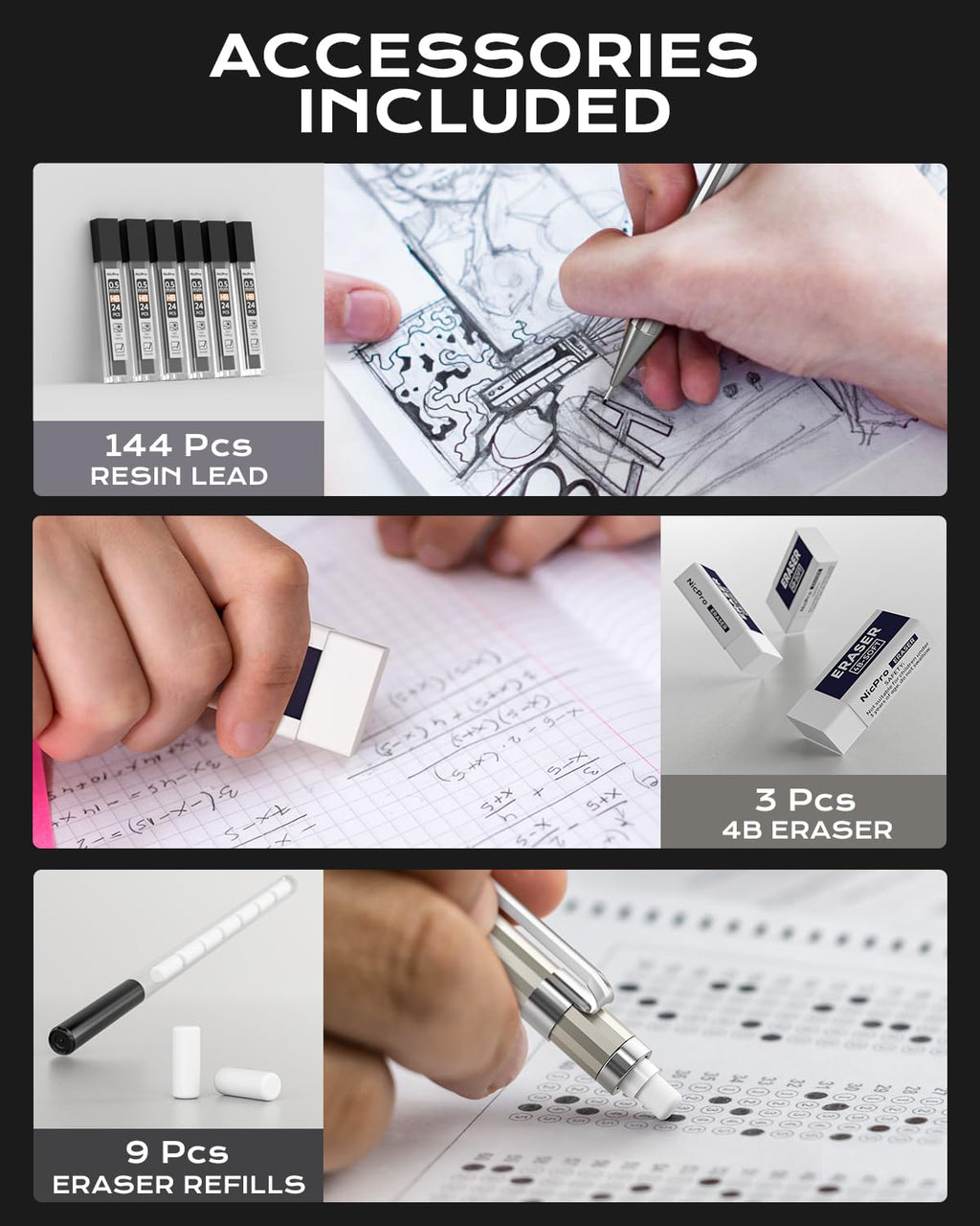 Nicpro 4 Pack Mechanical Pencil 0.7mm with Case, MB1000 Metal Mechanical Pencil Set with 6 Tube HB #2 Lead Refill 0.7 mm, 3PCS 4B Eraser, 9 Cap Eraser for Artist Drafting Writing, Sketching, Drawing