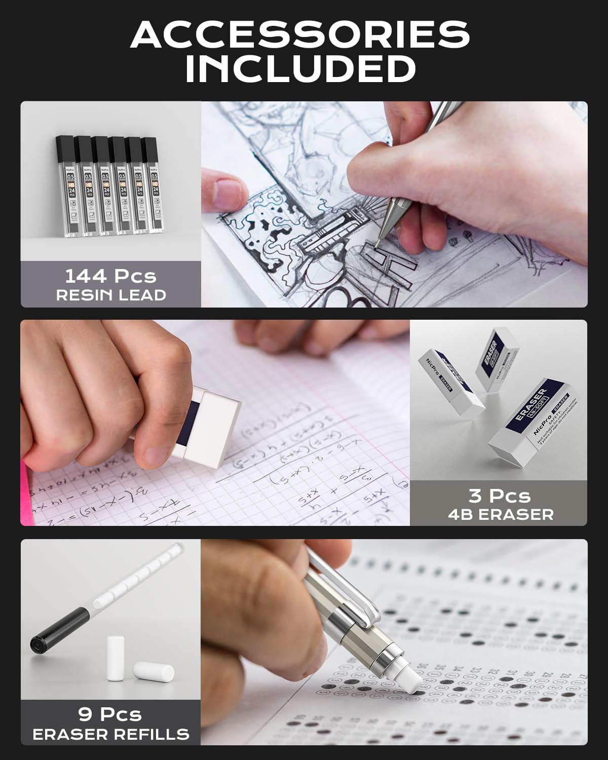 Nicpro 4 Pack Mechanical Pencil 0.7mm with Case, MB1000 Metal Mechanical Pencil Set with 6 Tube HB #2 Lead Refill 0.7 mm, 3PCS 4B Eraser, 9 Cap Eraser for Artist Drafting Writing, Sketching, Drawing