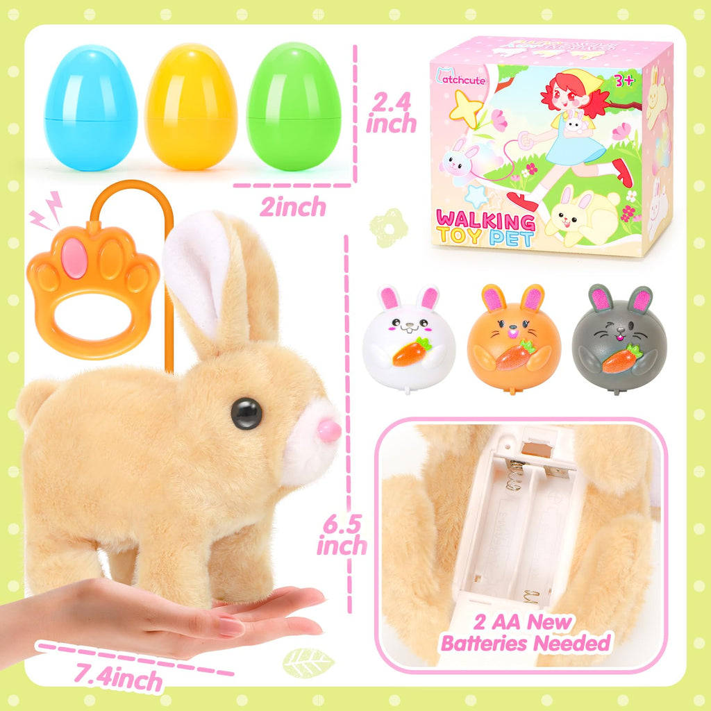 CatchCute Easter Plush Bunny Toys for Kids,Interactive Bunny with Sounds,Can Walk,Wag Tail and Twitch Nose with Remote Control Leash,Easter Eggs with Pull Back Cars,Easter Birthday Gift for Toddlers
