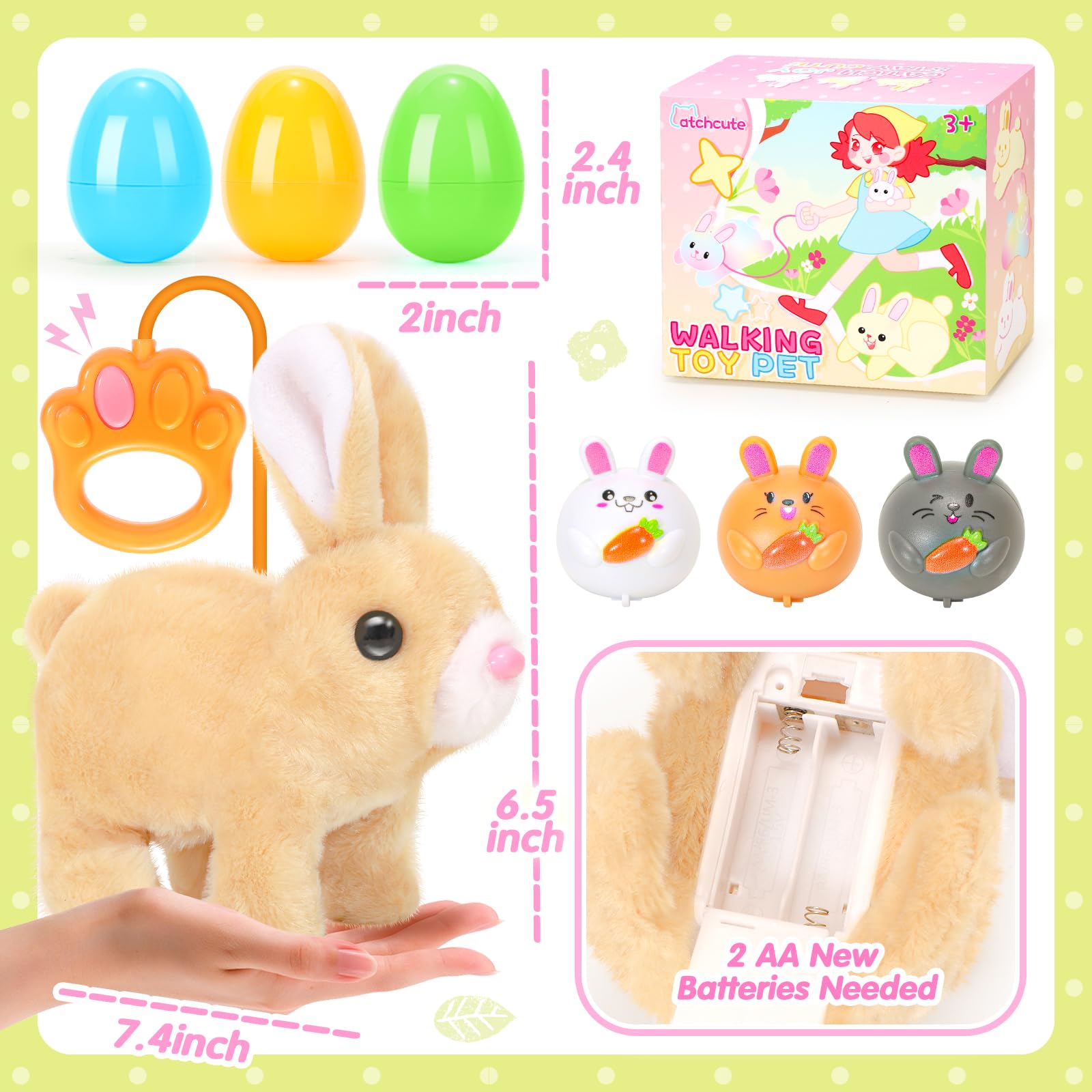 CatchCute Easter Plush Bunny Toys for Kids,Interactive Bunny with Sounds,Can Walk,Wag Tail and Twitch Nose with Remote Control Leash,Easter Eggs with Pull Back Cars,Easter Birthday Gift for Toddlers