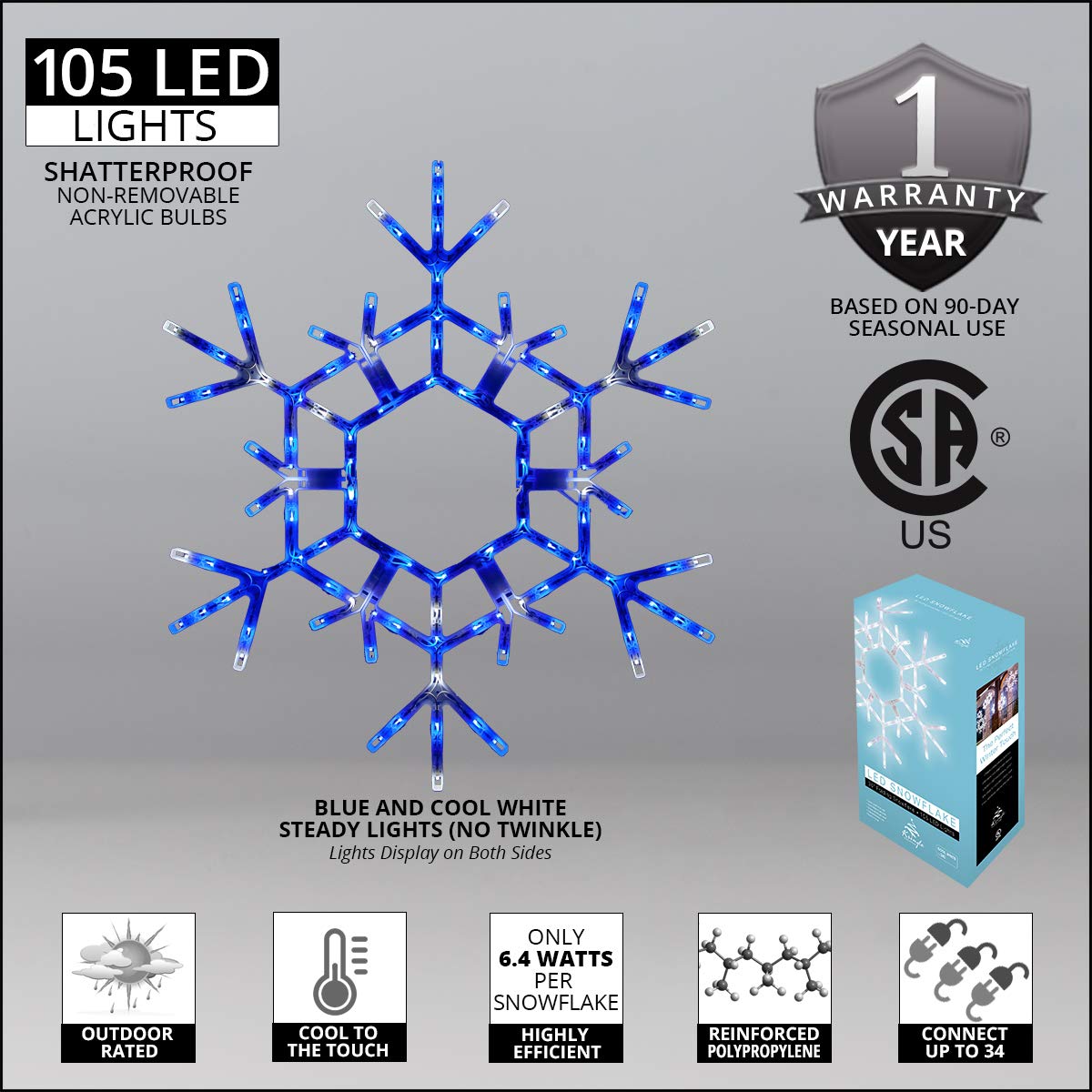 Kringle Traditions Christmas Snowflake Lights Outdoor, 105 LED 36" Folding Warm White Snowflake Hanging Light, Weather-Resistant Christmas Decoration for Yard, Window, Porch, or Eave