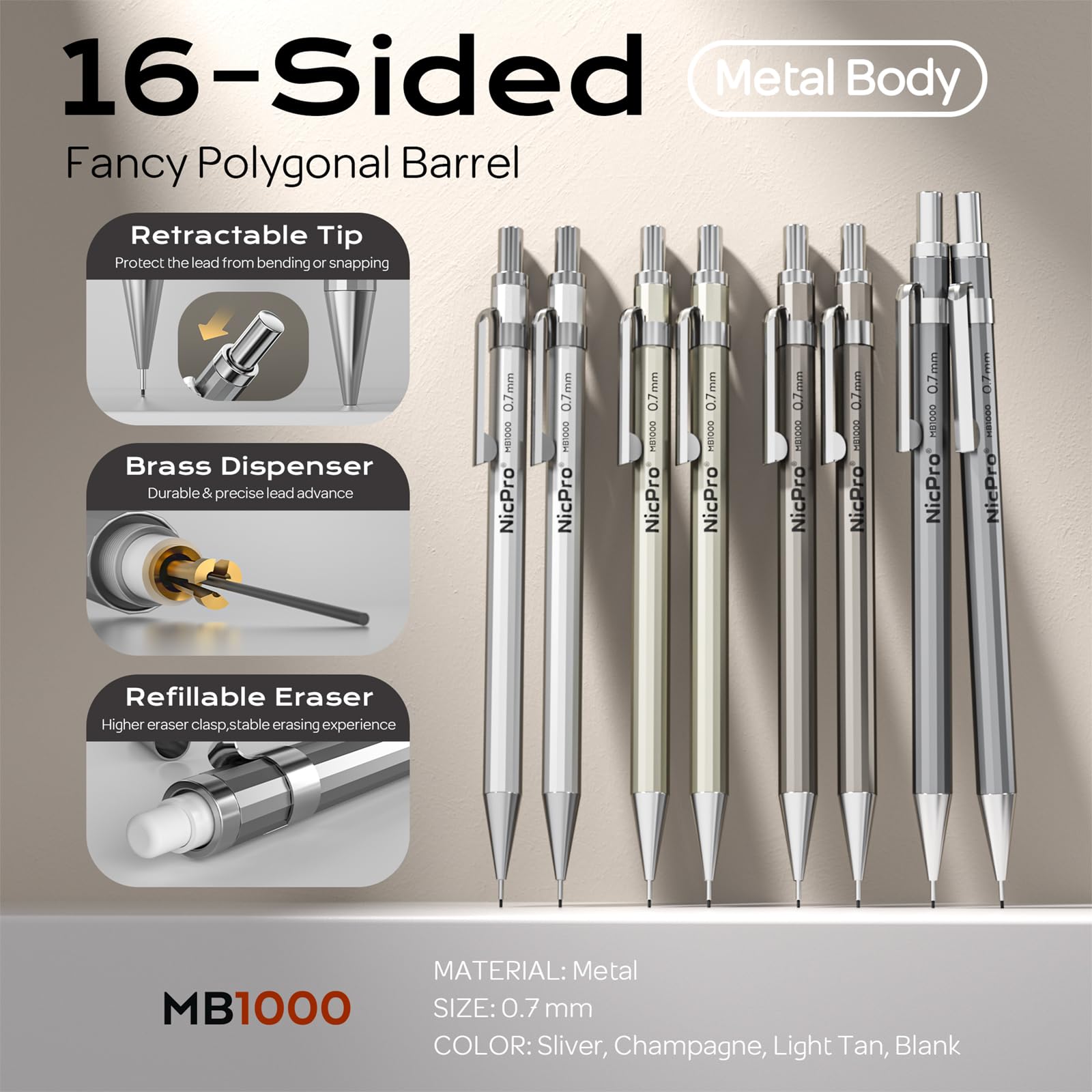 Nicpro 4 Pack Mechanical Pencil 0.7mm with Case, MB1000 Metal Mechanical Pencil Set with 6 Tube HB #2 Lead Refill 0.7 mm, 3PCS 4B Eraser, 9 Cap Eraser for Artist Drafting Writing, Sketching, Drawing