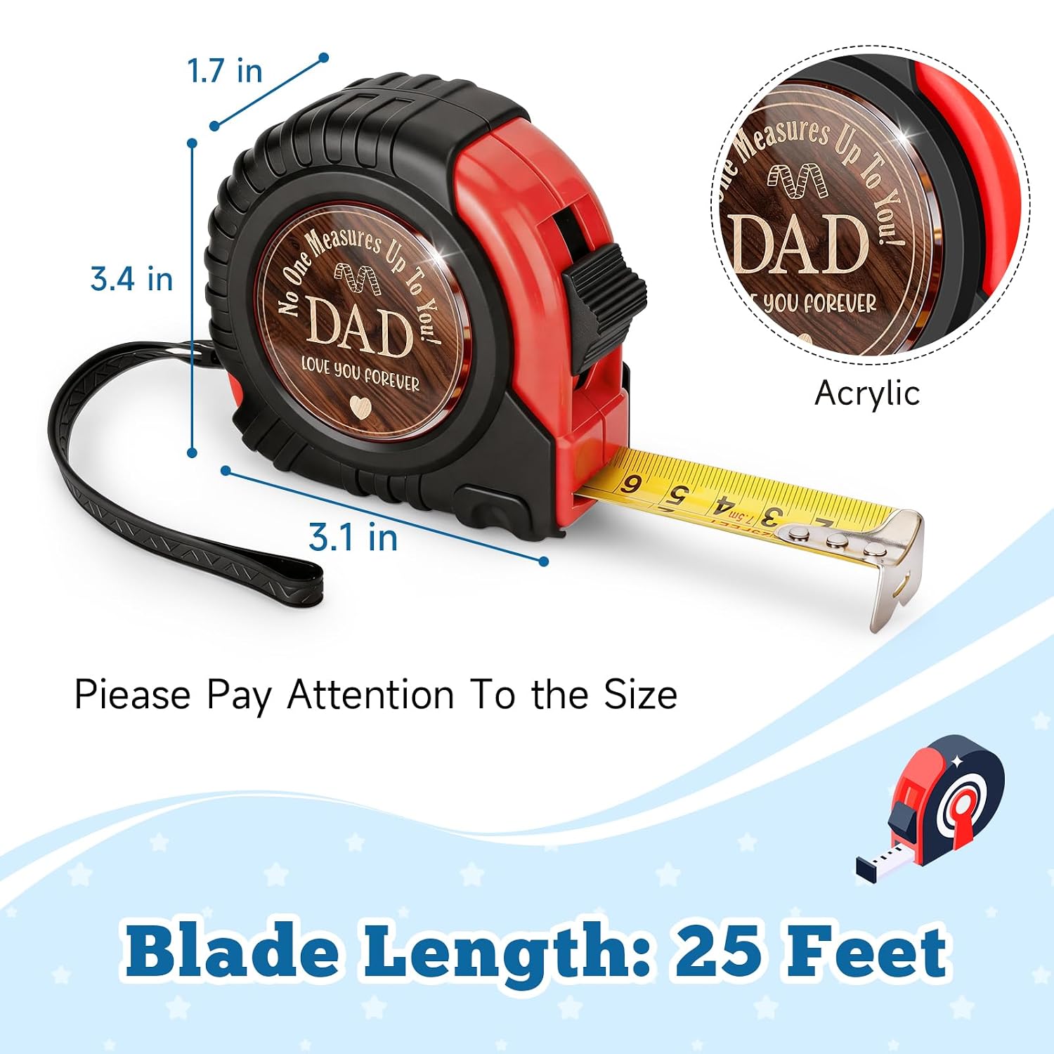 Gift for Dad Fathers Day Birthday Gifts from Daughter Son Kids Wife, New Step Dad Daddy Father in Law Presents Useful Stuff, Best Tool Gifts Woodworker Gifts Carpenter Gifts, Tape Measure 25 FT
