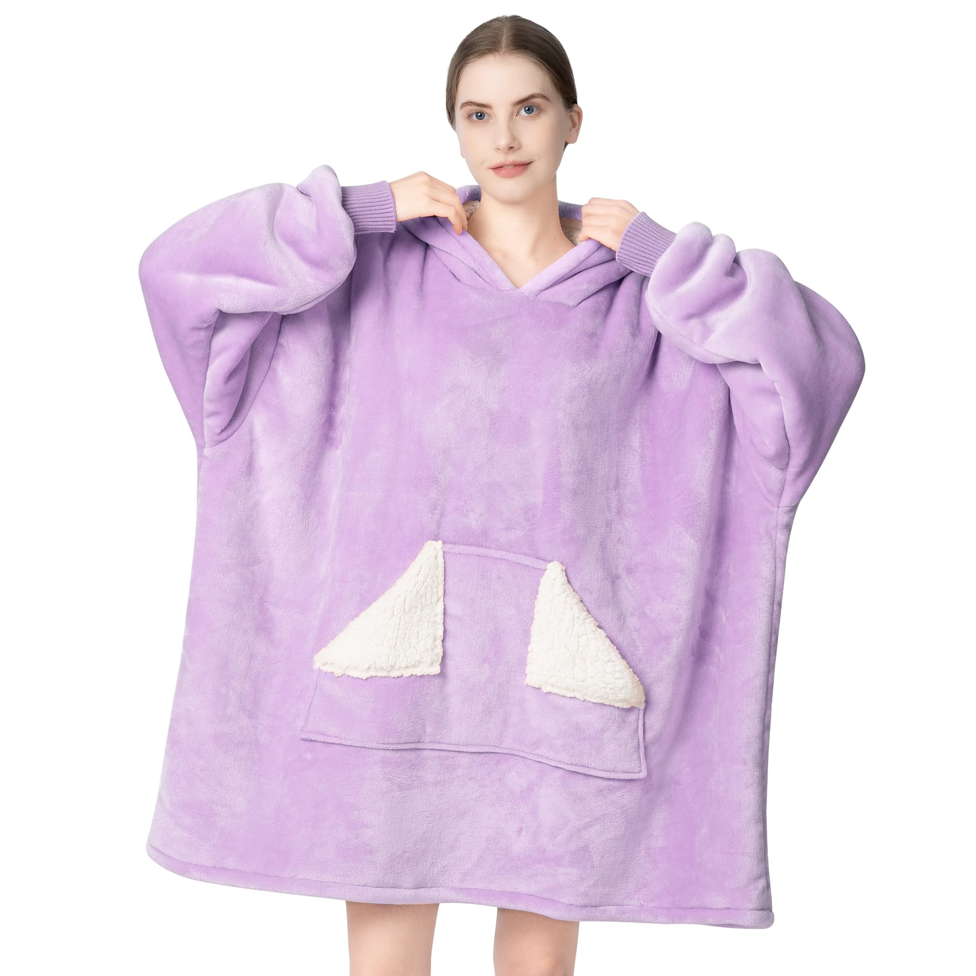 Touchat Wearable Blanket Hoodie, Oversized Sherpa Fleece Sweatshirt Blanket with Giant Hood Pocket and Sleeves for Adult, Warm & Cozy Grey Blanket Gifts for Women