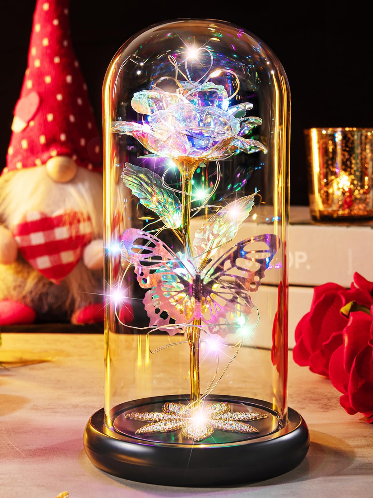 Pusuny Mothers Day Flowers Gifts for Mom Women Birthday Gift Galaxy Glass Rose Forever Eternal Crystal Flowers Rose in Glass Dome with Butterfly Mother's Day Roses Gifts for Mom Daughter Wife Purple
