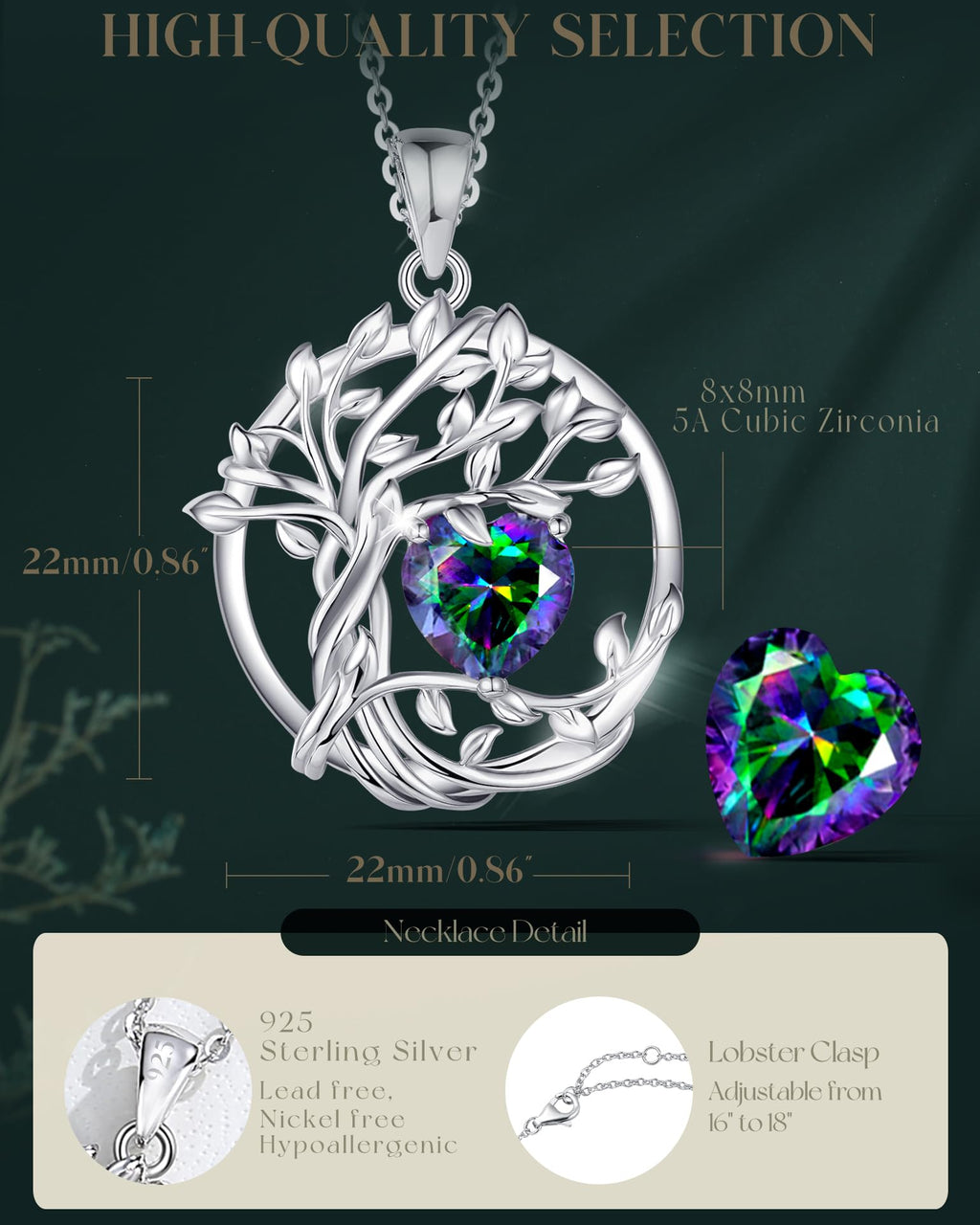 FANCIME Tree of life Birthstone necklace Sterling Silver Pendant Birthstone Necklace Gemstone Anniversary Birthday Jewelry Mothers Day Gifts for Mom Her Wife