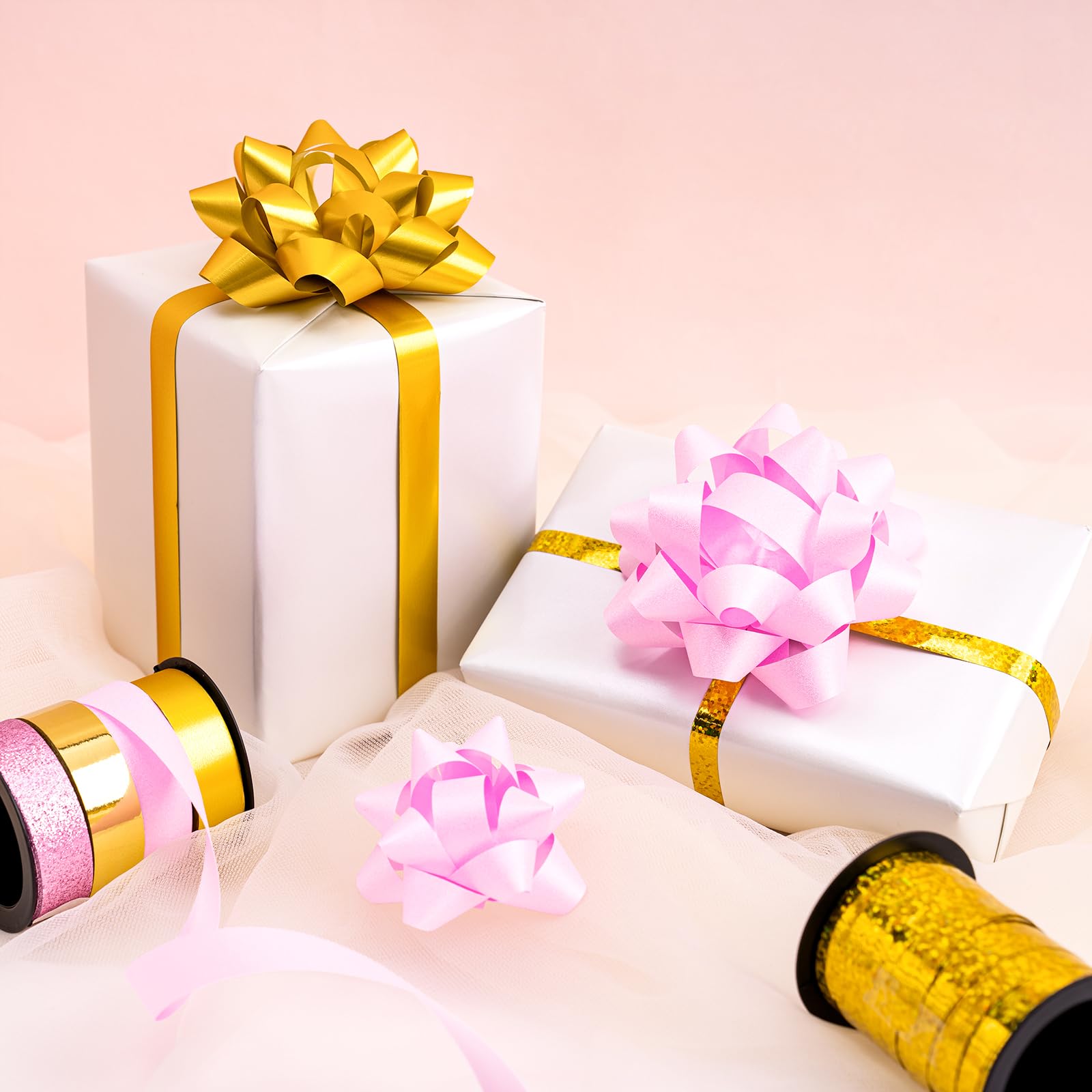 WRAPAHOLIC 14 Pcs Gift Bows Assortment - 12 Multi Colored Assorted Size Gift Bows (Purple, Pink, White, Rose Gold, Silver) and 2 Crimped Curling Ribbons, Perfect for Christmas, Holiday, Party