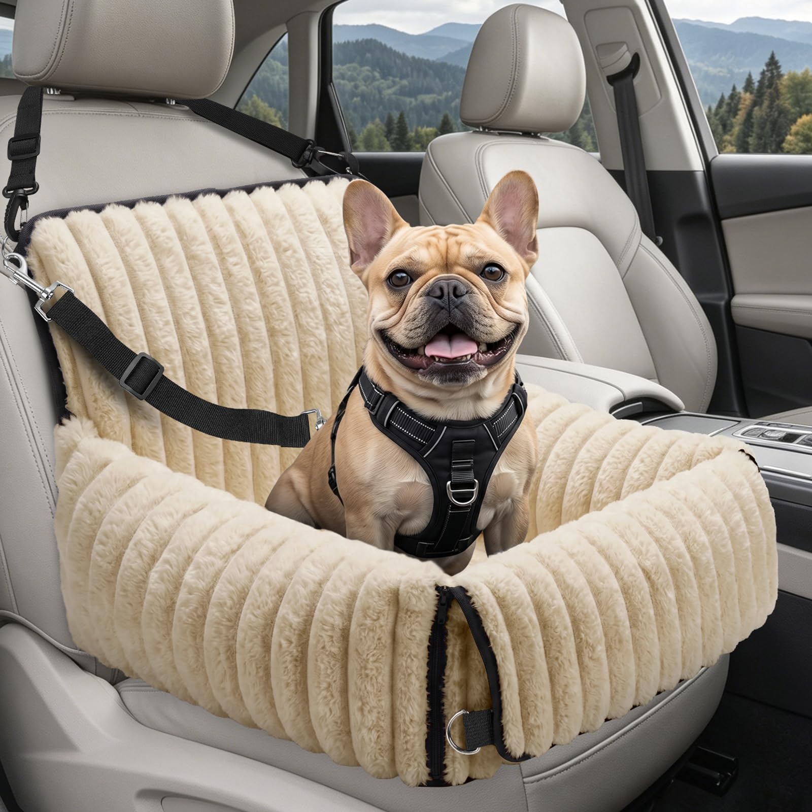 MIXJOY 6-in-1 Dog Car Seat for Small/Medium Dogs up to 25 lbs, Multi-Functional Dog Carrier for Car with Detachable Washable Cover, Pet Travel Bed with Clip-On Safety Leash, Beige