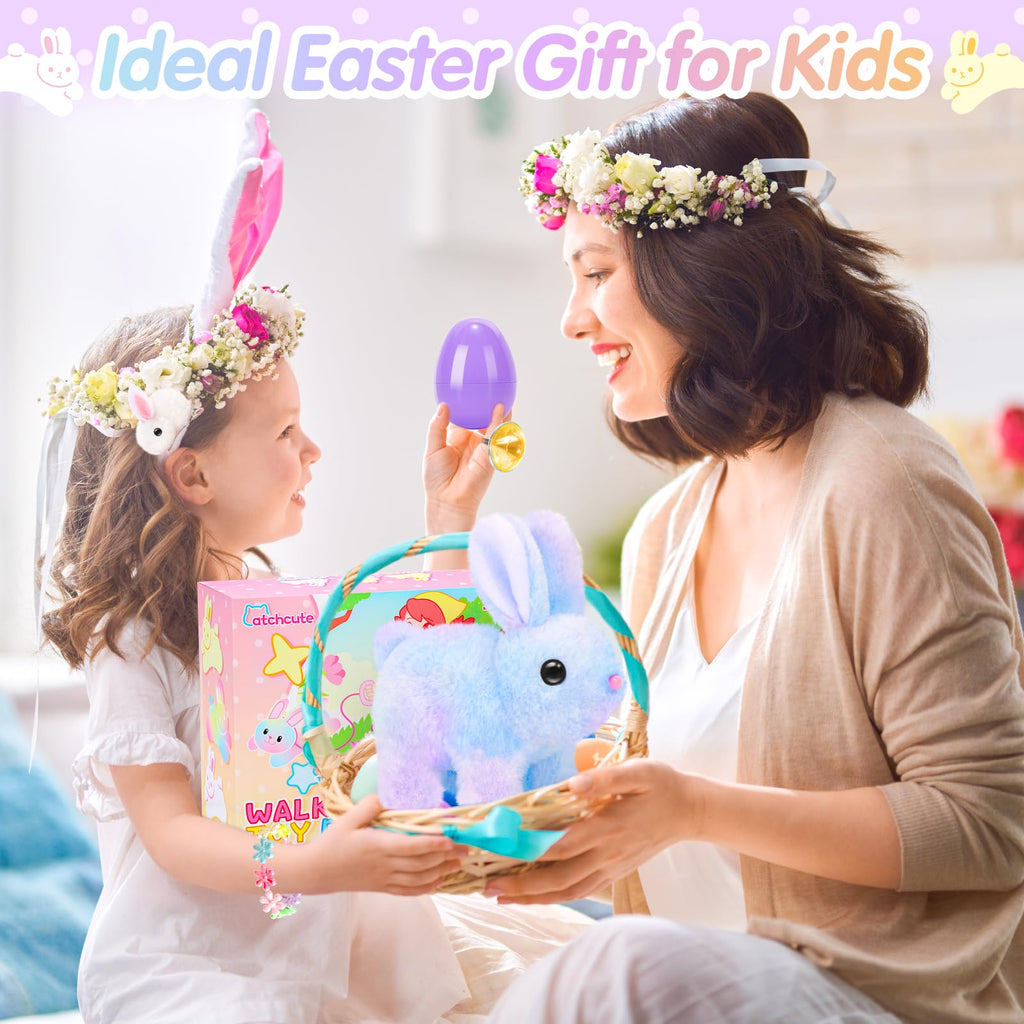 CatchCute Easter Plush Bunny Toys for Kids,Interactive Bunny with Sounds,Can Walk,Wag Tail and Twitch Nose with Remote Control Leash,Easter Eggs with Pull Back Cars,Easter Birthday Gift for Toddlers