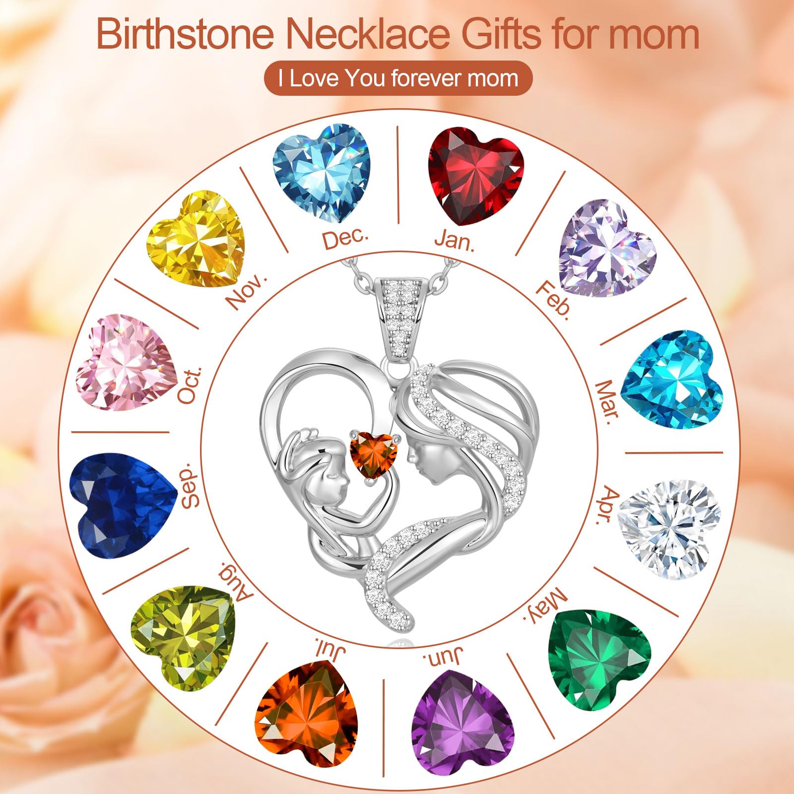 Mothers Day Gifts for Mom Wife Her Grandma, S925 Sterling Silver Birthstone Necklaces Jewelry for Women, Mother's Day Love Heart Pendant Necklace for Anniversary Birthday Christmas Day