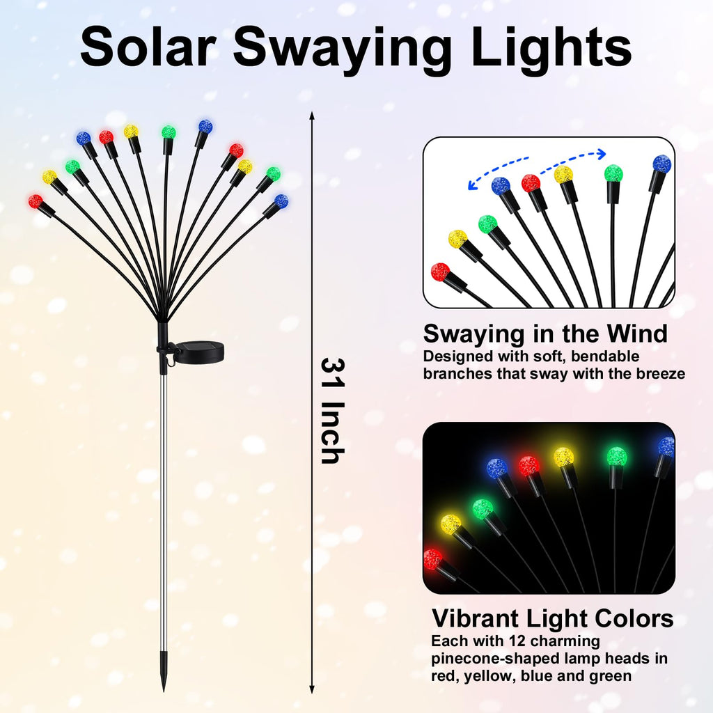 Rossesay 4 Pcs St Patricks Day Outdoor Decorations Solar Lights Waterproof Green 48 LED Swaying Pathway Firefly Stake Lights for Outside Yard Garden Lawn Decorations(Green White,Pine Cone)