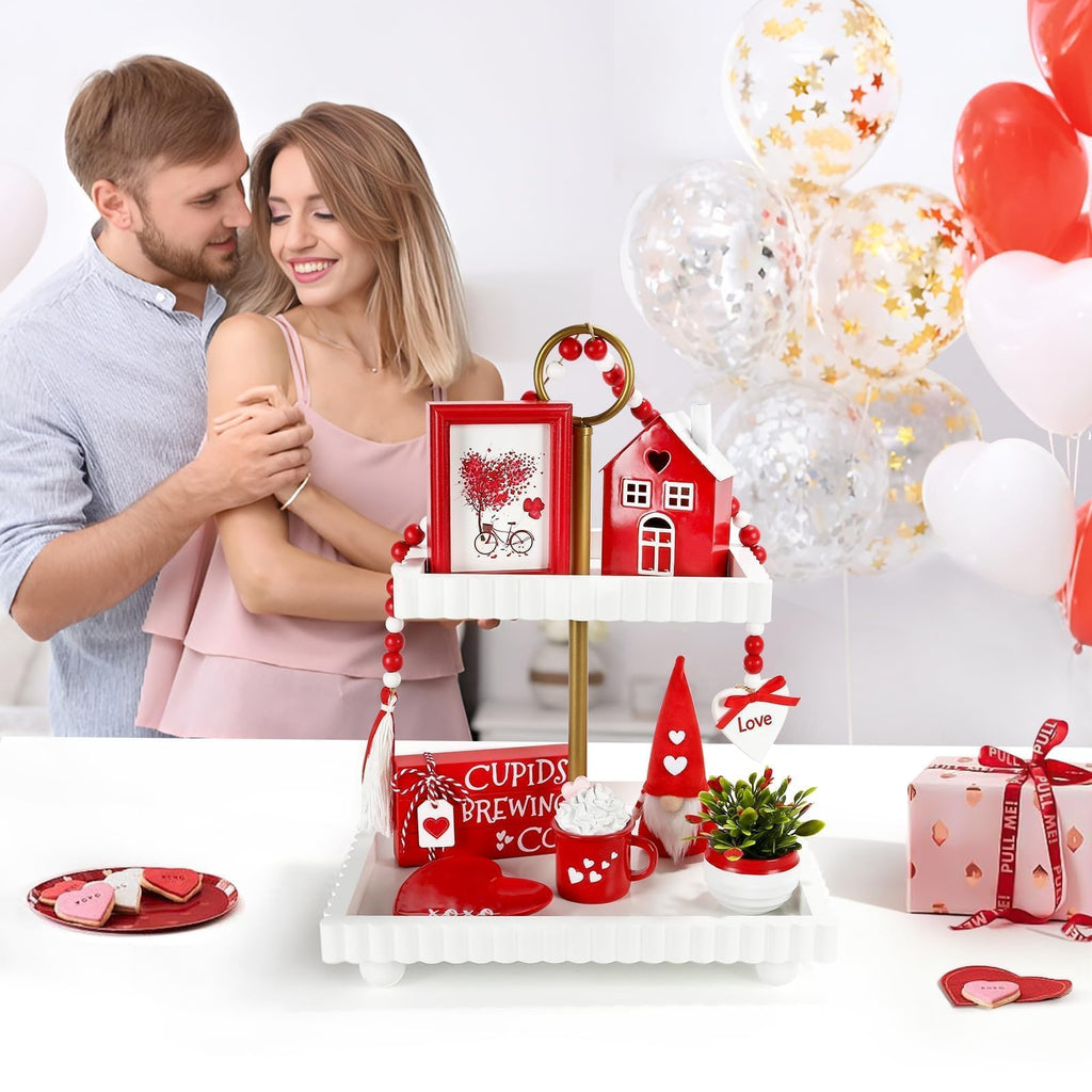 Christmas Decorations 8 PCS Tiered Tray Decor Set, Cute Tabletop Christmas Decor for Home Office Shelf Mantel Coffee Bar Xmas Table Centerpieces Tray Objects Holiday Decoration Set