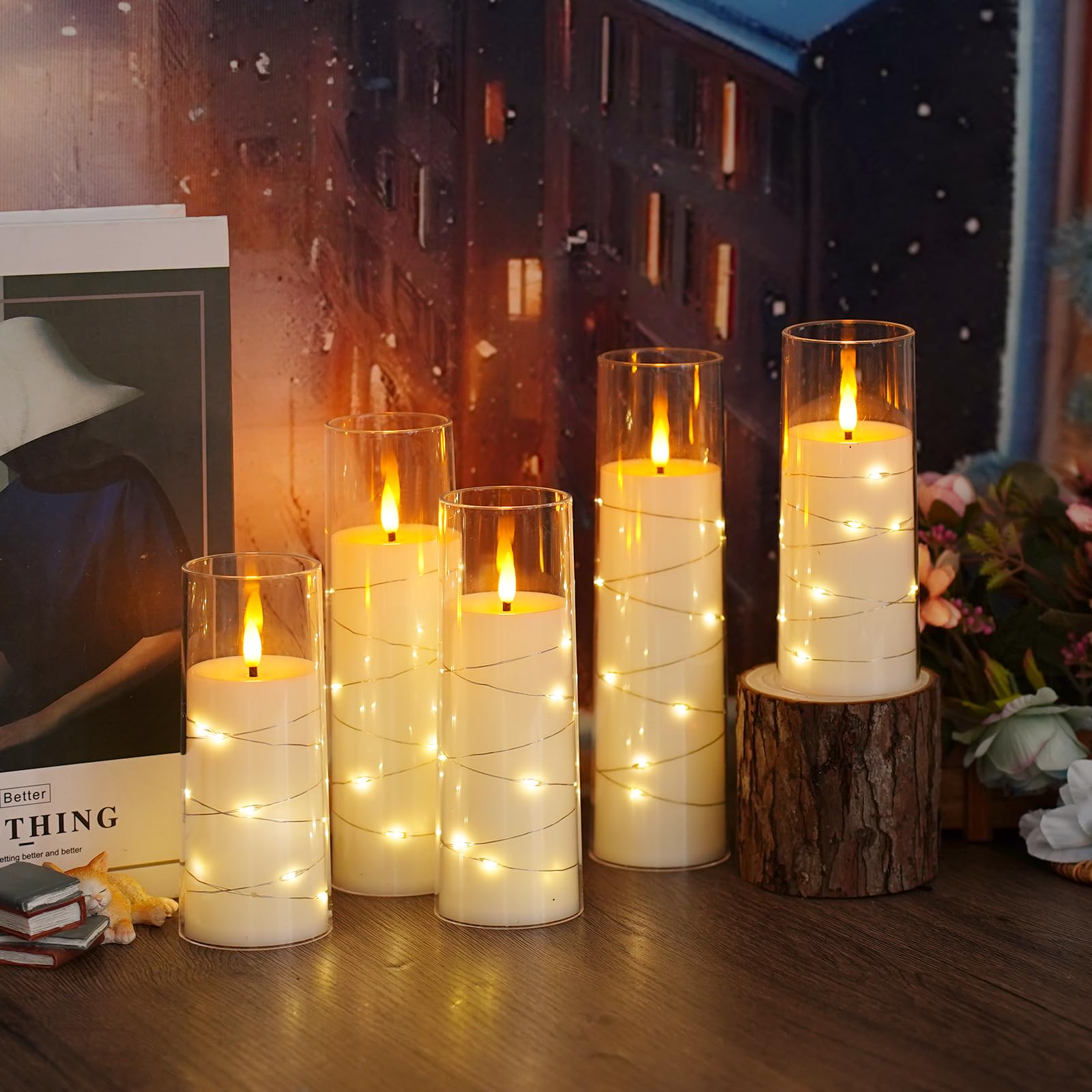 kakoya Flameless LED Candles with Timer 5 Pc Flickering Flameless Candles for Romantic Ambiance and Home Decoration Stable Acrylic Shell,with Embedded Star String，Battery Operated Candles（Red）