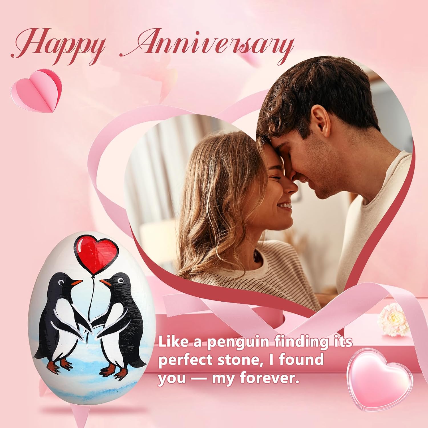 Penguin Love Stone Gift, Hand Painted Natural Pebble with “to My Love” and Penguin Story Card, Romantic Valentines or Anniversary Present for Boyfriend, Girlfriend, Husband, Wife