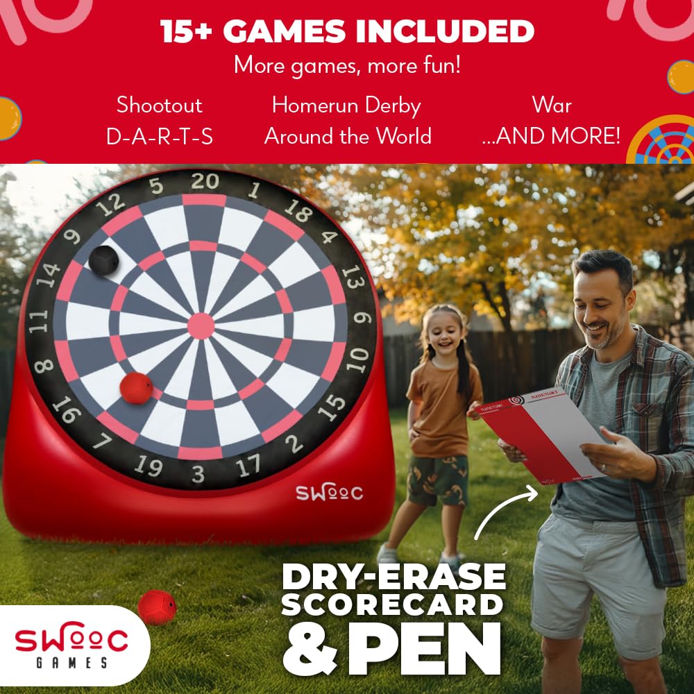 Swooc Games - Premium Inflatable Giant Kick Darts (15+ Ways to Play) - Jumbo Soccer Dartboard with Air Pump - Big Carnival Games - Giant Outdoor Games - Oversized Dart Board Yard & Lawn Game