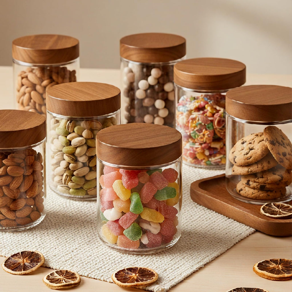 Bumobum 10 oz Small Glass Jars with Lids, Glass Container with Acacia Wood Airtight Lid, Wide Mouth Canisters for Chia Pudding Loose Tea Coffee Meal Prep Parfait Salad Snacks Yogurt Spice, 4-Pack