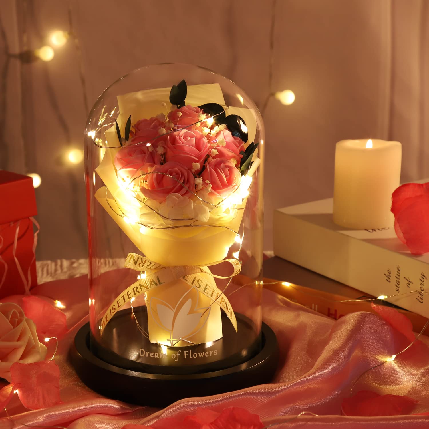 Beauty and The Beast Rose for Mom, Birthday Gifts for Women, Light Up Roses, Glass Dome Rose with LED Lights, Red Roses, Women's Gift for Mom Wife Grandmother