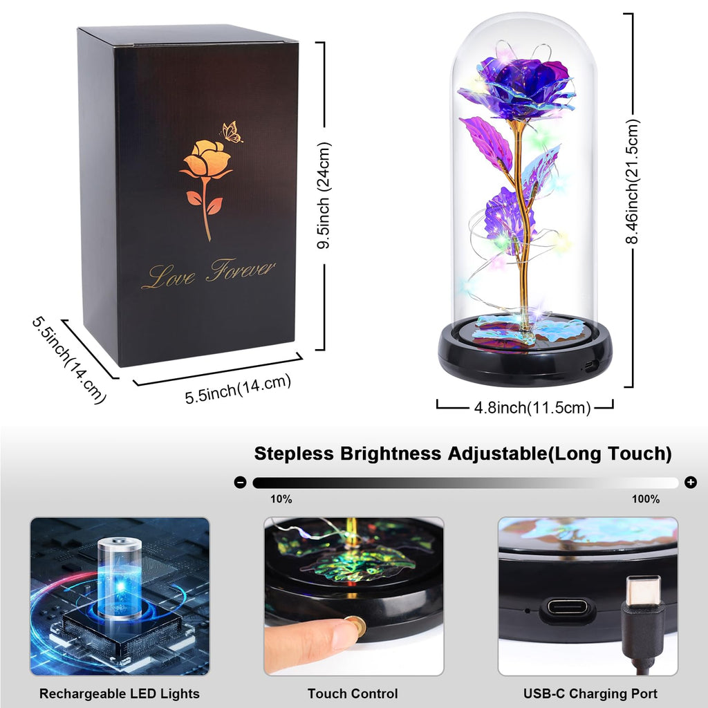 Pusuny Mothers Day Flowers Gifts for Mom Women Birthday Gift Galaxy Glass Rose Forever Eternal Crystal Flowers Rose in Glass Dome with Butterfly Mother's Day Roses Gifts for Mom Daughter Wife Purple