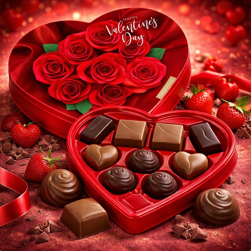 Valentine Day Chocolate Heart Shaped Gift Box - Milk Chocolate Caramel Cocoa Truffle Orange Creme Strawberry Flavors 10 Chocolate Piece - Roses Design May Vary - Her Him