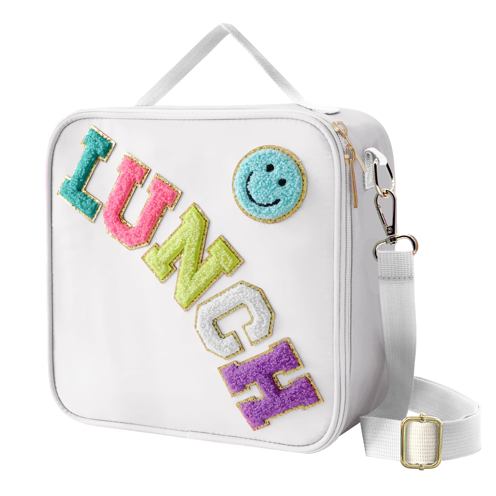 Insulated Lunch Bag With Adjustable Shoulder Strap, Nylon Preppy Lunch Box Large Insulated Lunch Bag Reusable Lunch Tote Bag with Smiley Preppy LunchBag for Girls School Travel Picnic (Purple)