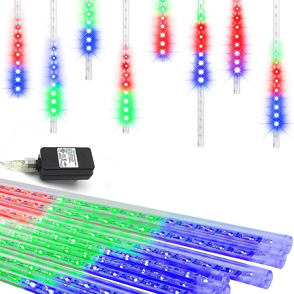 Weepong Halloween Lights Outdoor, Meteor Shower Christmas Lights for Halloween Decorations, 8 Tube 192 LED Snow Falling Rain Icicle String Light for Xmas Christmas Decor Tree Party, UL Plug Green