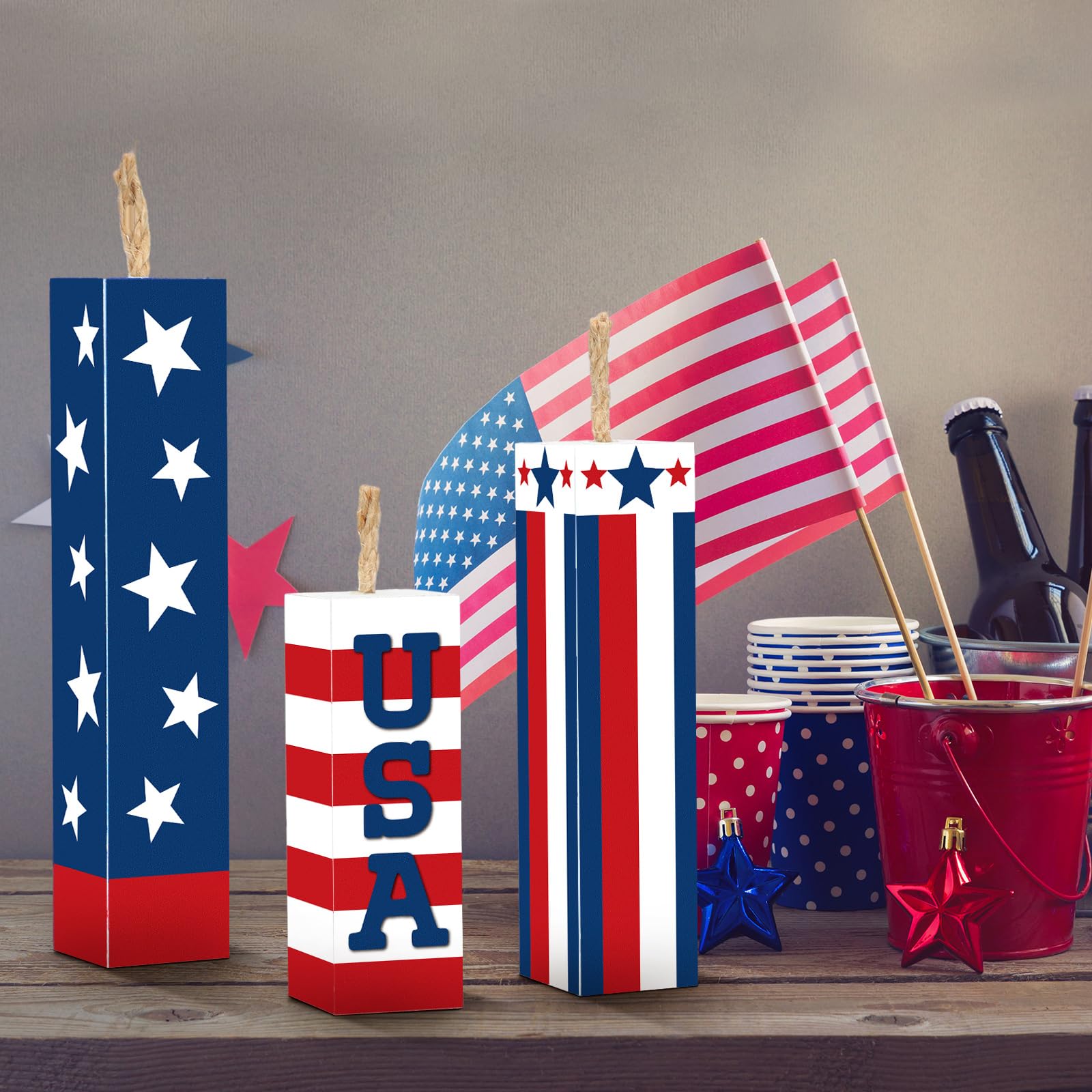 Amyhill 3 Pcs 4th of July Decorations Set Wooden Patriotic Table Centerpieces Independence Day Wood Firework Fourth of July Table Signs for 250th Anniversary Home Farmhouse Decor (Flag)