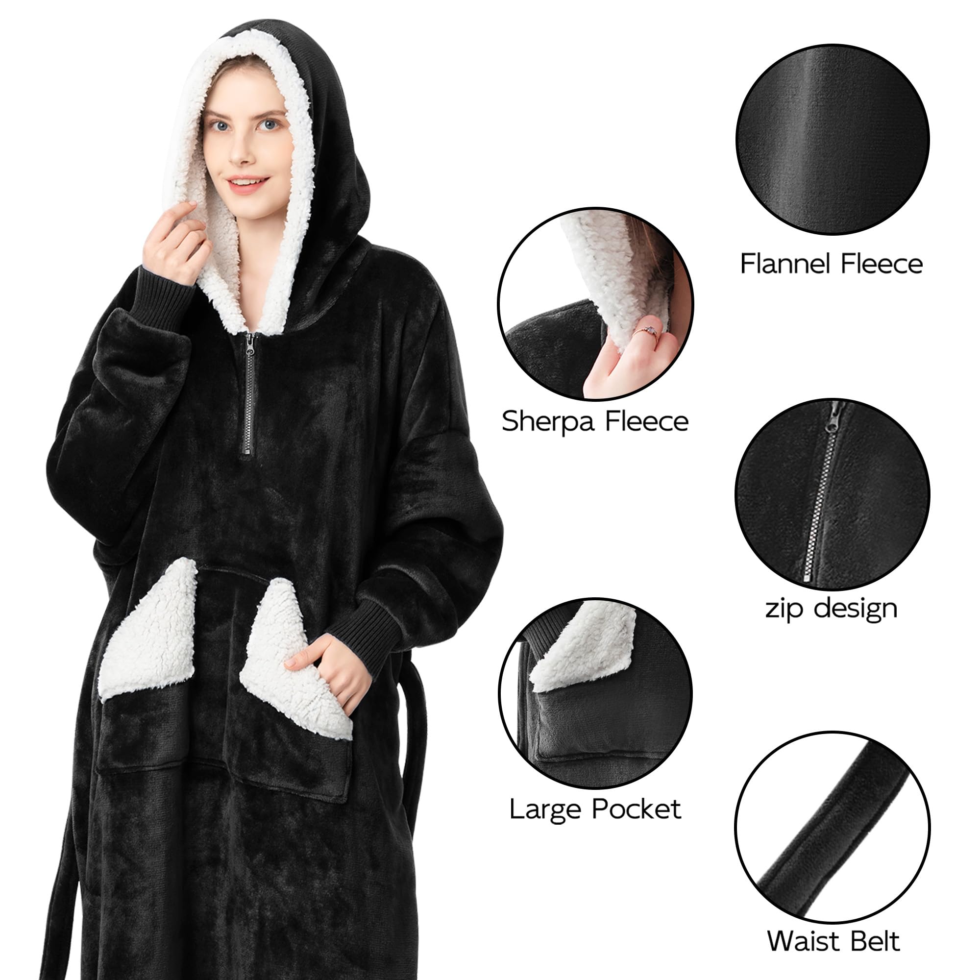 Touchat Wearable Blanket Hoodie, Oversized Sherpa Fleece Sweatshirt Blanket with Giant Hood Pocket and Sleeves for Adult, Warm & Cozy Grey Blanket Gifts for Women
