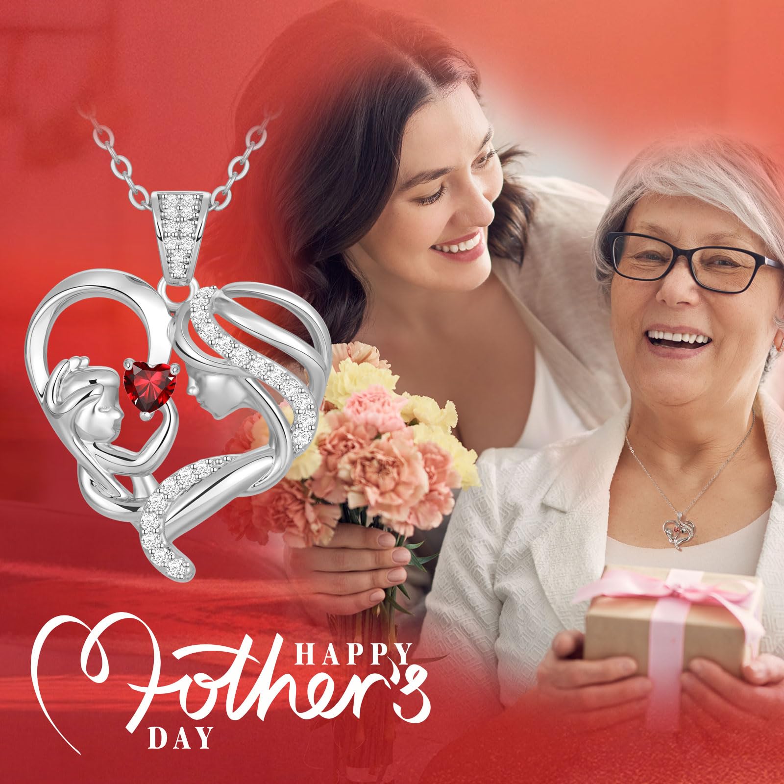 Mothers Day Gifts for Mom Wife Her Grandma, S925 Sterling Silver Birthstone Necklaces Jewelry for Women, Mother's Day Love Heart Pendant Necklace for Anniversary Birthday Christmas Day