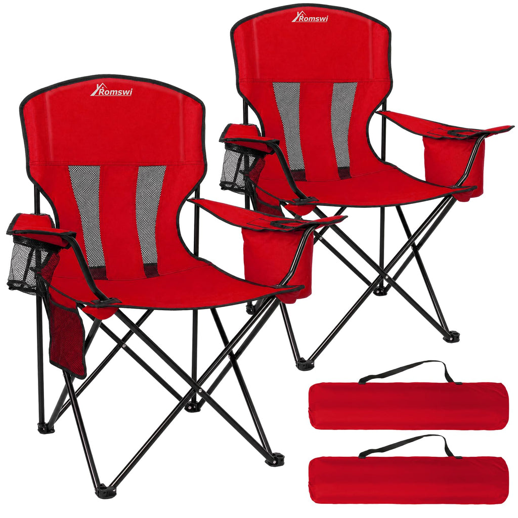 Camping Chairs for Adults 2 Pack, Folding Chair with 4-Can Cooler Bag & Cup Holder, Portable Heavy Duty Outdoor Chair with Mesh Back for Camping, Beach, Lawn, Fishing, Blue