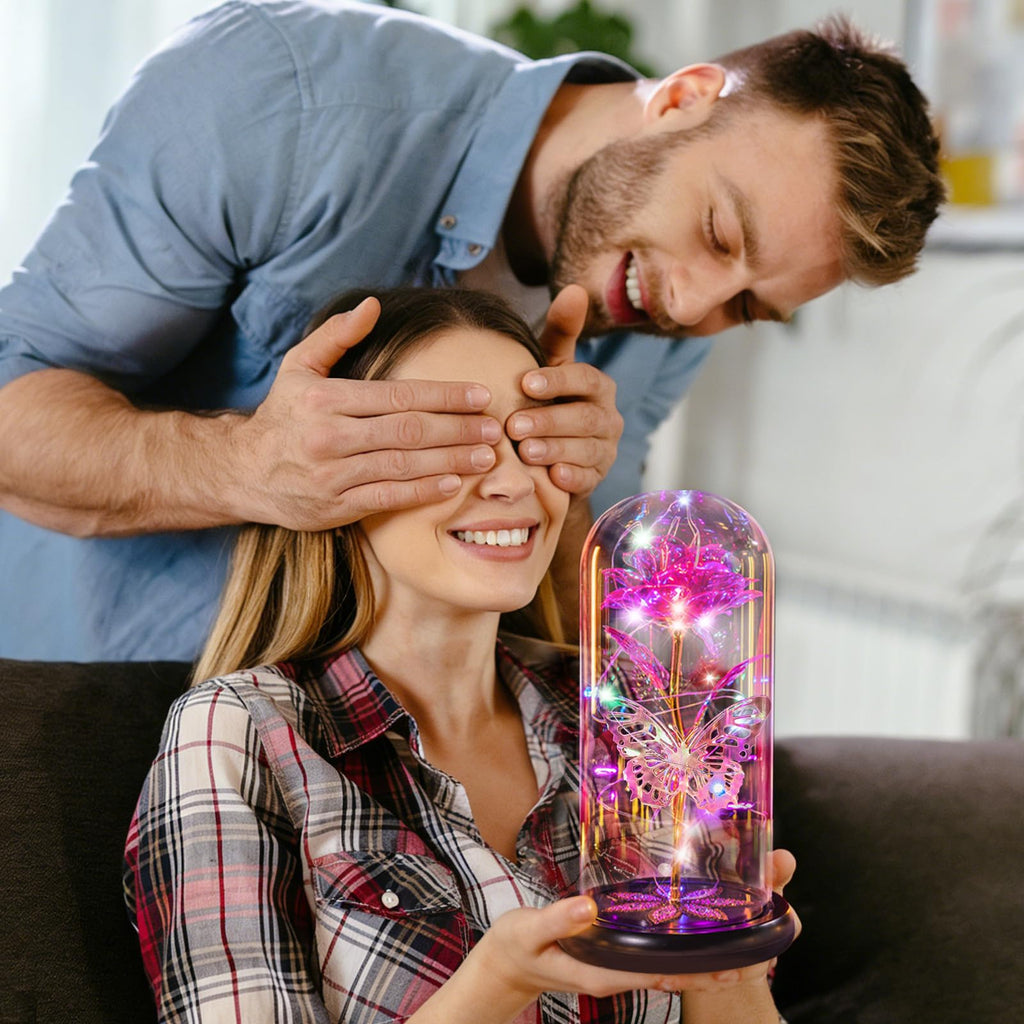 Pusuny Mothers Day Flowers Gifts for Mom Women Birthday Gift Galaxy Glass Rose Forever Eternal Crystal Flowers Rose in Glass Dome with Butterfly Mother's Day Roses Gifts for Mom Daughter Wife Purple