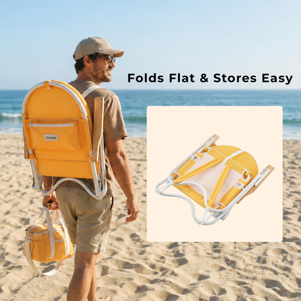 Padded Low Beach Chair, 4-Position Folding Outdoor Chair with Wooden Armrests, Cushioned Seat, Storage Pouch & Carry Strap for Beach, Patio and Lawn, Cala Serena Ochre Stripe