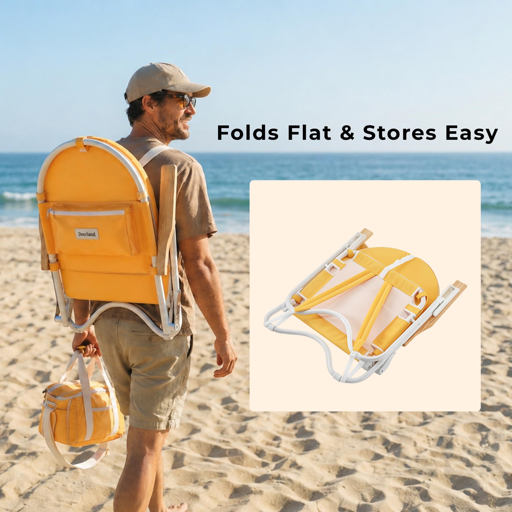 Padded Low Beach Chair, 4-Position Folding Outdoor Chair with Wooden Armrests, Cushioned Seat, Storage Pouch & Carry Strap for Beach, Patio and Lawn, Cala Serena Ochre Stripe