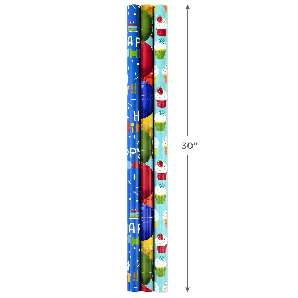 Hallmark Kids Birthday Wrapping Paper Mini Rolls, 3-Pack (Unicorns, Rainbows on Purple, Pink with White Polka Dots) for Birthday Parties, Easter, Baby Showers, Any Occasion - 60 Sq. Ft. Total