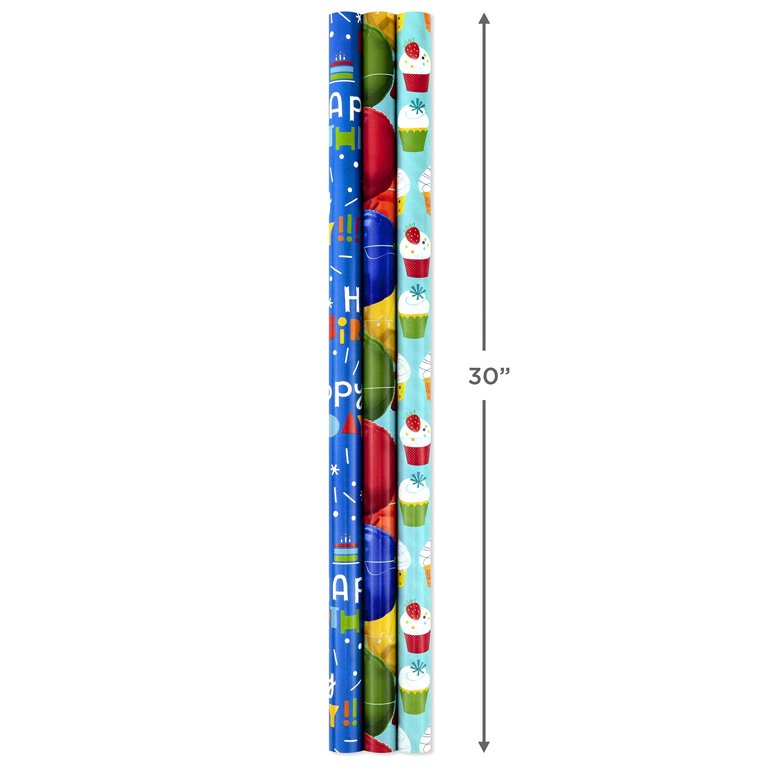 Hallmark Kids Birthday Wrapping Paper Mini Rolls, 3-Pack (Unicorns, Rainbows on Purple, Pink with White Polka Dots) for Birthday Parties, Easter, Baby Showers, Any Occasion - 60 Sq. Ft. Total