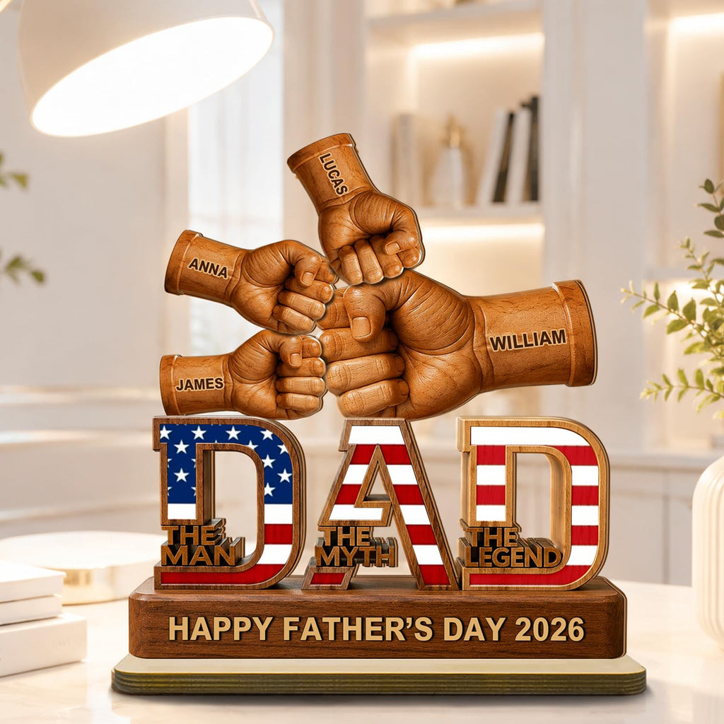 Personalized Fist Bump Dad and Kids Name Wooden Plaque, Custom Fathers Day Plaque for Dad Grandpa, Customized Sign Decorations for Daddy, Grandpa, Heartfelt Father's Day Birthday Gifts for Husband