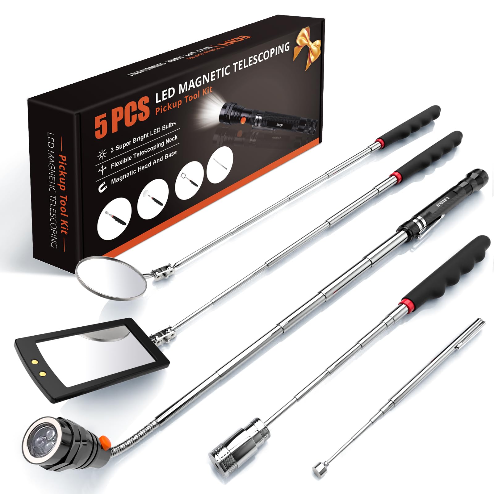 Telescoping Magnetic Pickup Tool Set with 1 & 15 lb Pick Up Sticks, Round and Square Adjustable Inspection Mirror and Flexible LED Flashlight, Fathers Day Dad Gifts for Men, Dad, Husband
