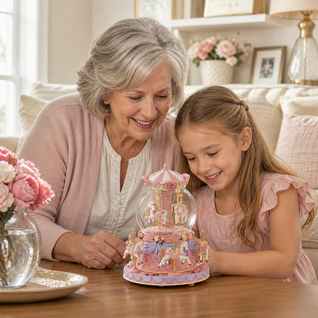 Blue Carousel Snow Globe Music Box with LED Lights, Rotating Horse Merry Go Round, Wind Up Musical Snow Globe Plays You are My Sunshine, Gift for Daughter Granddaughter Mom Women