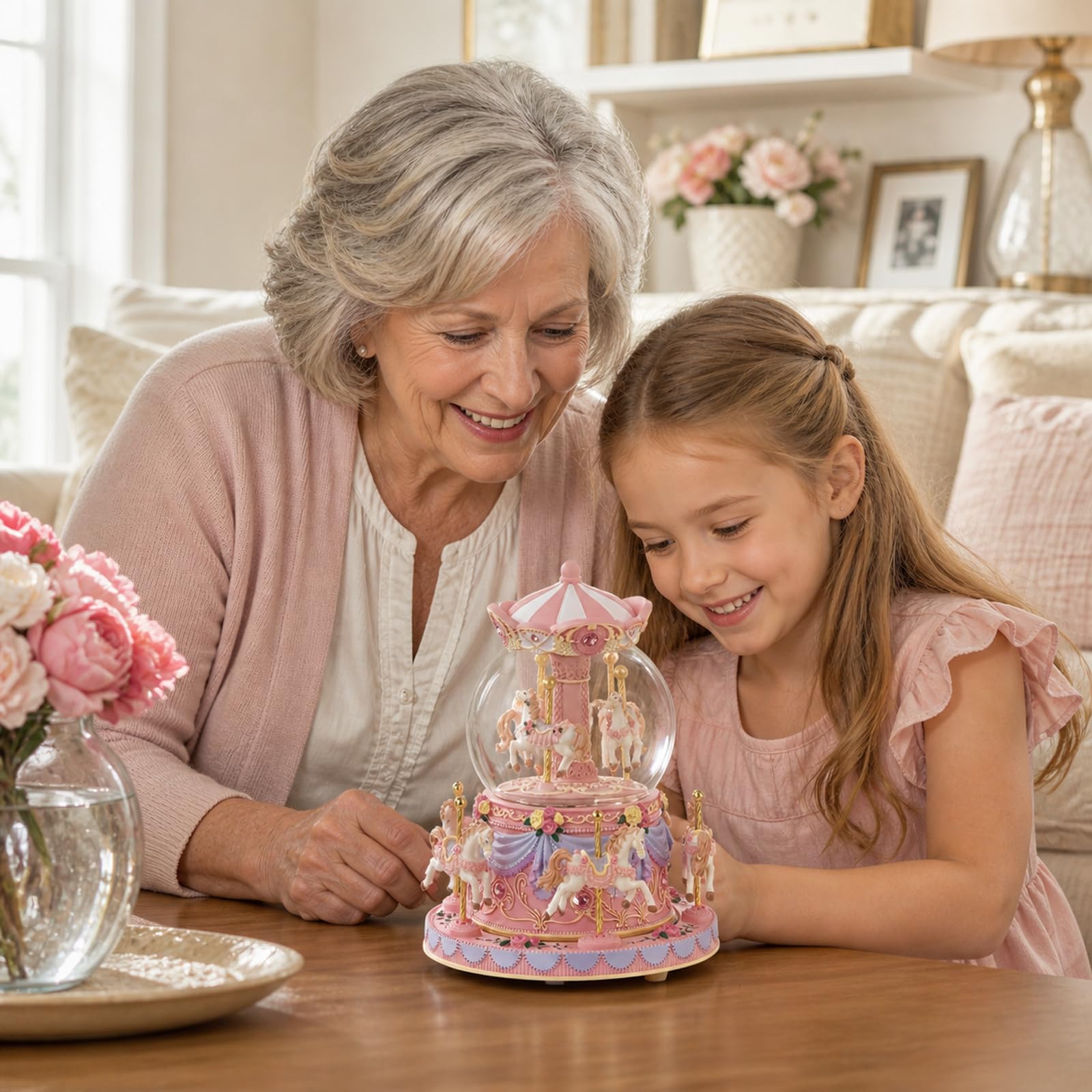 Blue Carousel Snow Globe Music Box with LED Lights, Rotating Horse Merry Go Round, Wind Up Musical Snow Globe Plays You are My Sunshine, Gift for Daughter Granddaughter Mom Women