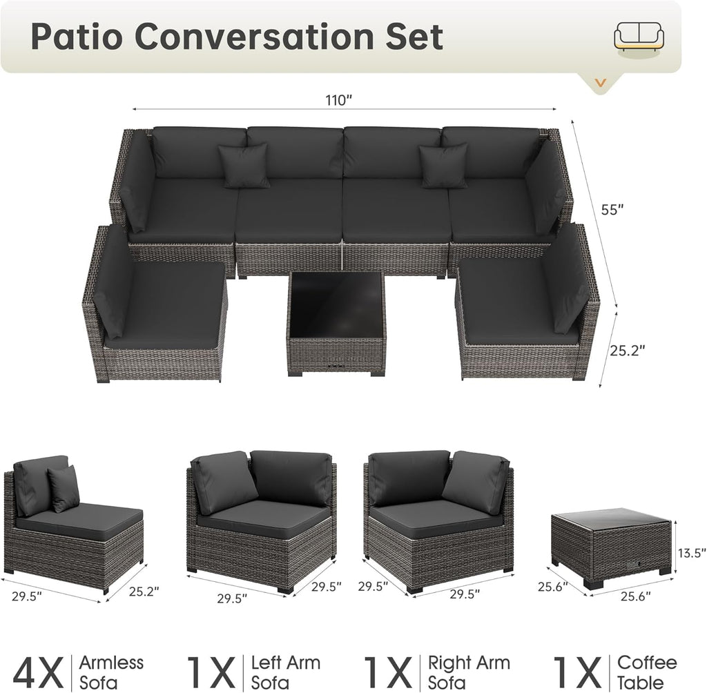 LHBcraft 7 Piece Patio Outdoor Furniture Set, Outdoor Sectional, All-Weather Manual Weaving PE Rattan Wicker Patio Sectional Sofa, Rattan Outside Furniture with Black Cushion and Glass Coffee Table